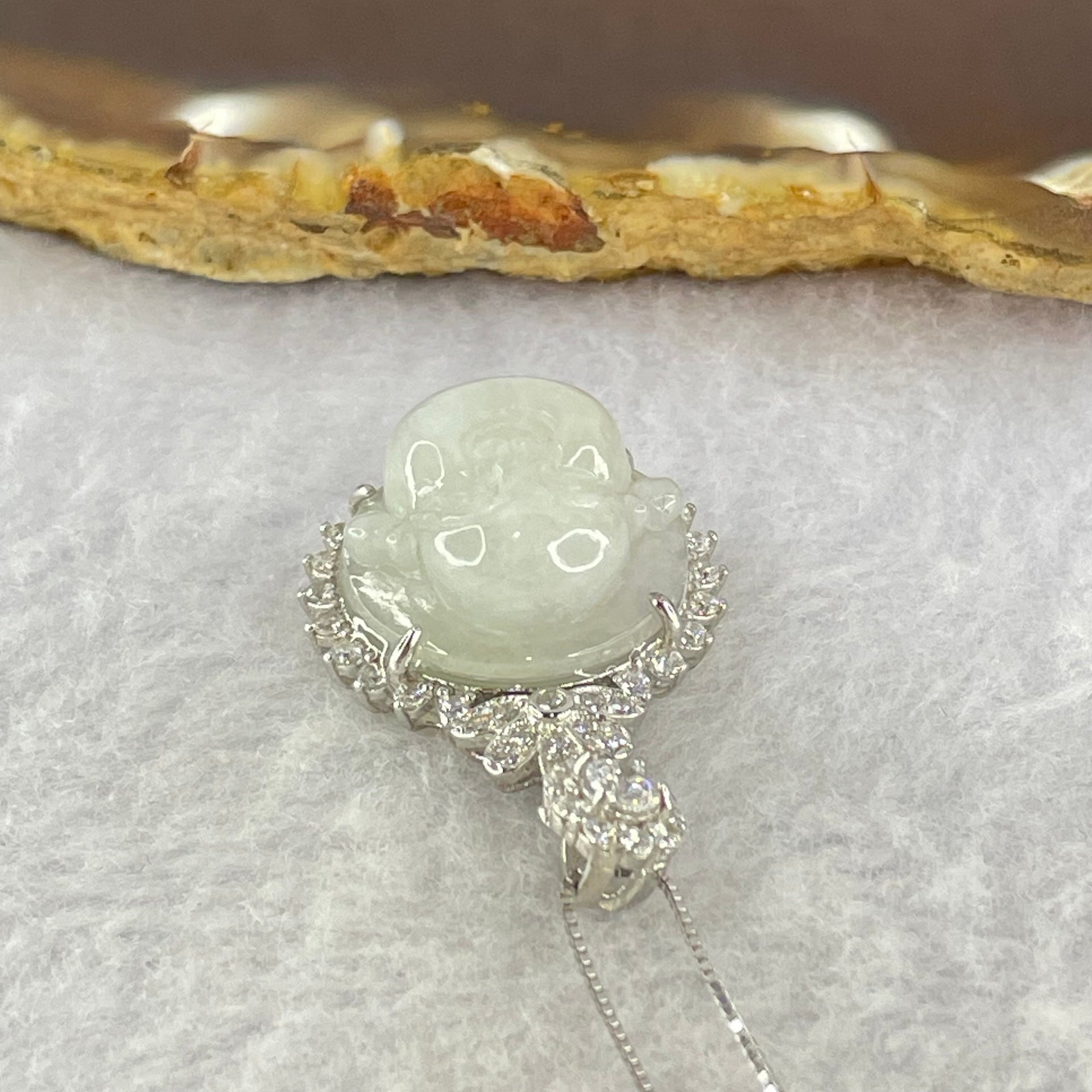 Type A Faint Lavender to White Milo Buddha with Crystals in S925 Sliver Pendant and Necklace 6.95g 16.2 by 16.2 by 8.5mm - Huangs Jadeite and Jewelry Pte Ltd