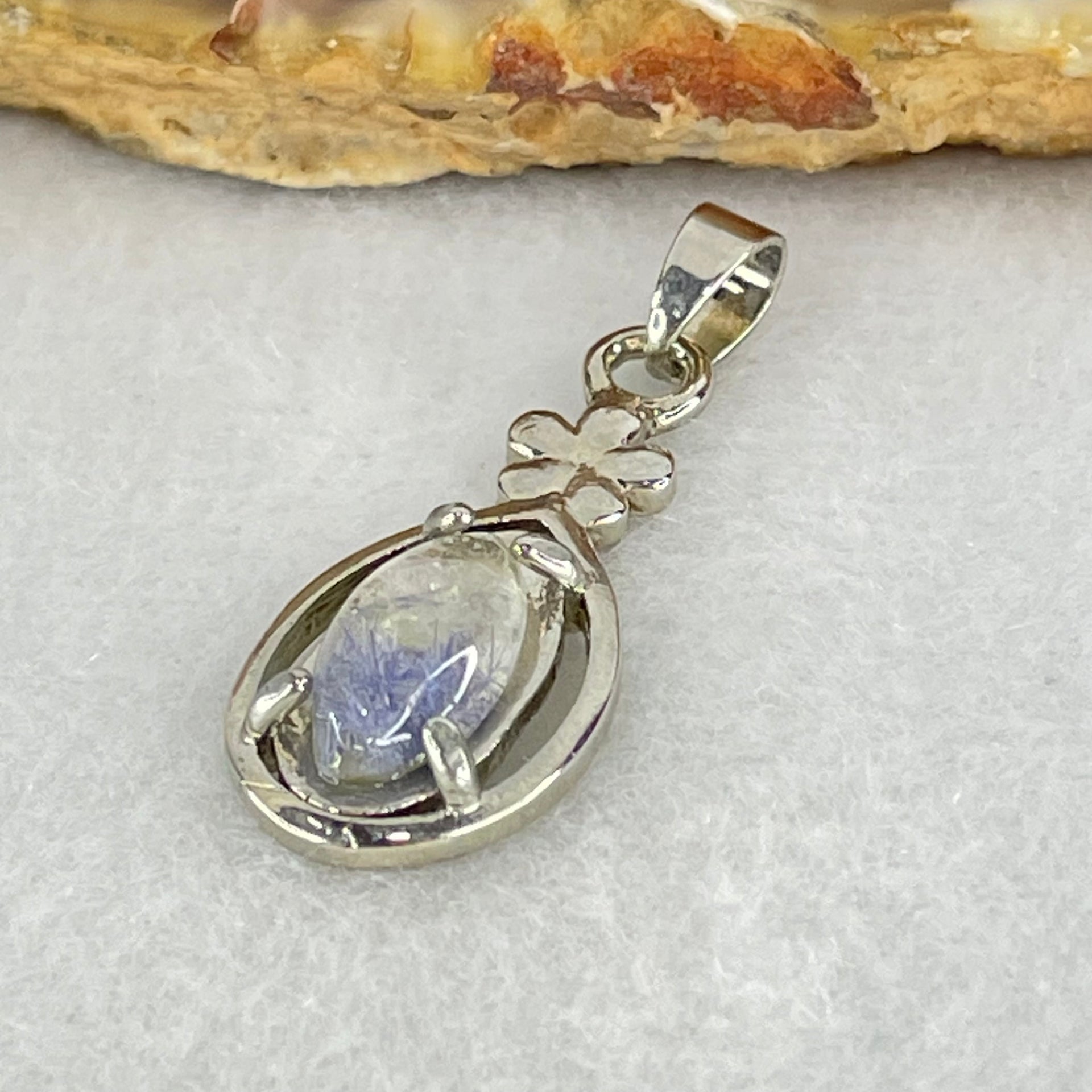 Good Grade Rare Natural Blue Dumortierite Rutilated Quartz in S925 Pendant 2.10g 11.6 by 6.0 by 3.5mm - Huangs Jadeite and Jewelry Pte Ltd