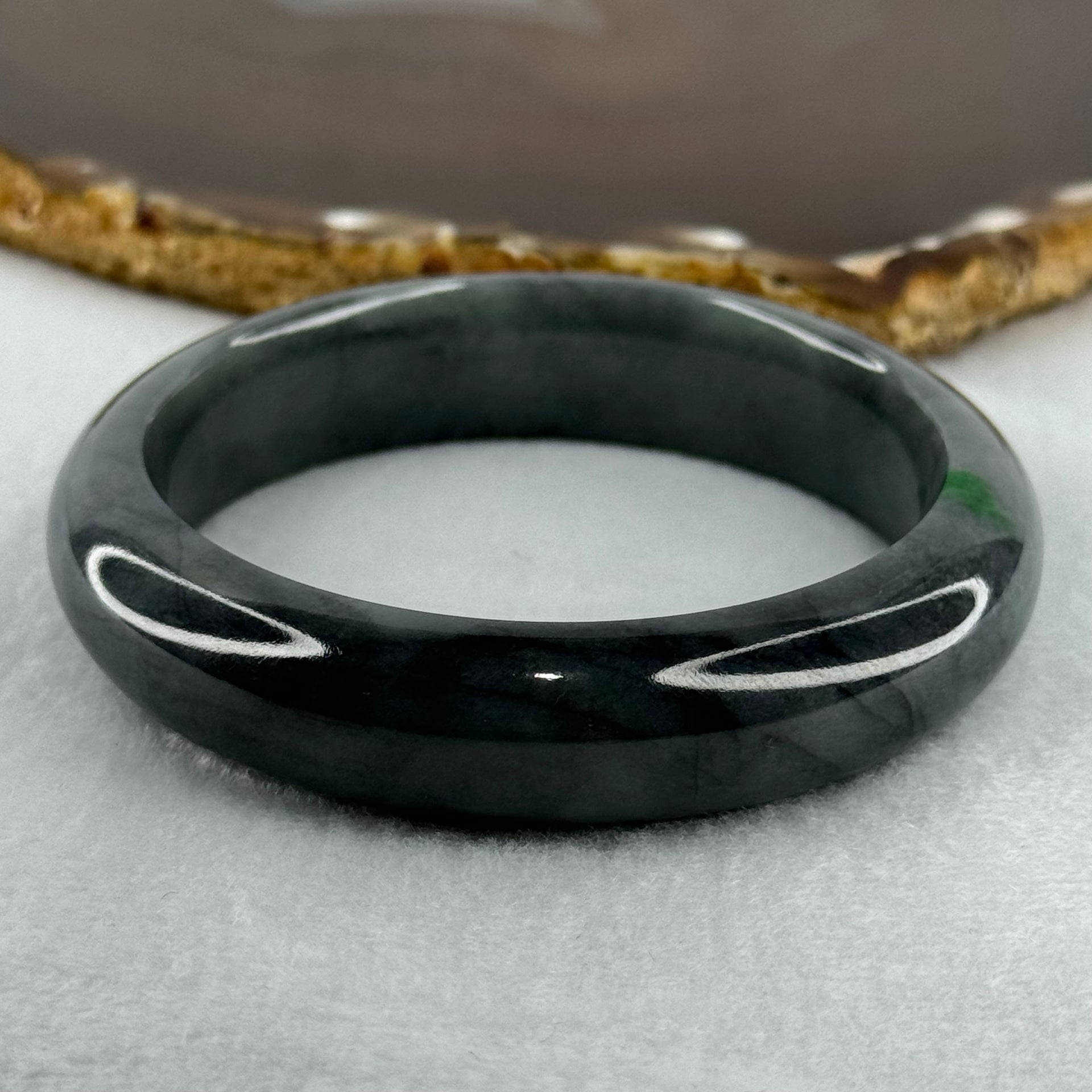 Type A Wuji Grey Black with Imperial Green Patch Jadeite Bangle Internal Diameter 57.0mm 66.25g 14.4 by 8.7mm (Internal Lines) - Huangs Jadeite and Jewelry Pte Ltd