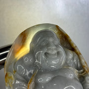 Type A Light Green with Faint Lavender and Yellow Jadeite Milo Buddha Display 170.0 by 100.0 by 190.0mm with wooden stand 2,574.1g - Huangs Jadeite and Jewelry Pte Ltd