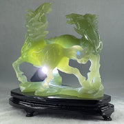 Natural Green Serpentine Double Victory Horses with Wooden Stand Display 1,339.7g 198.0 by 193.0 by 120.0mm - Huangs Jadeite and Jewelry Pte Ltd