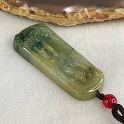 Type A Green with Yellow and Blueish Green Patches Jadeite Shan Shui with Guiren Benefactor seeking Enlightenment Pendant 18.17g 51.1 by 20.5 by 6.7mm - Huangs Jadeite and Jewelry Pte Ltd