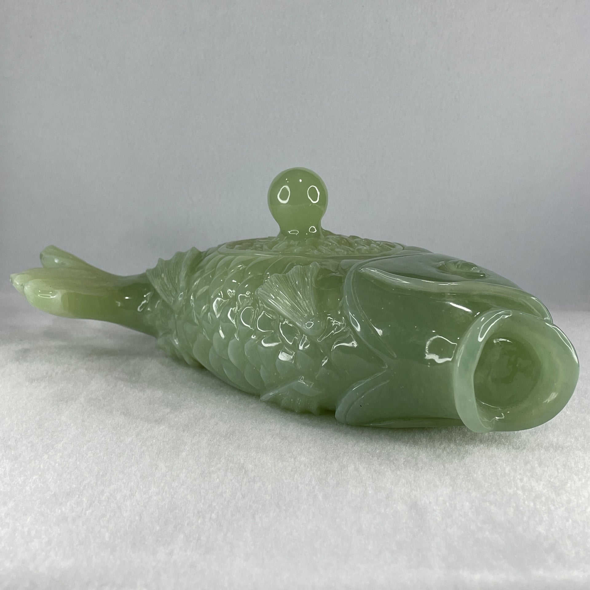 Natural Jelly Green Serpentine Carp Fish Pot Display 2,074.0g 310.0 by 183.0 by 98.0mm - Huangs Jadeite and Jewelry Pte Ltd