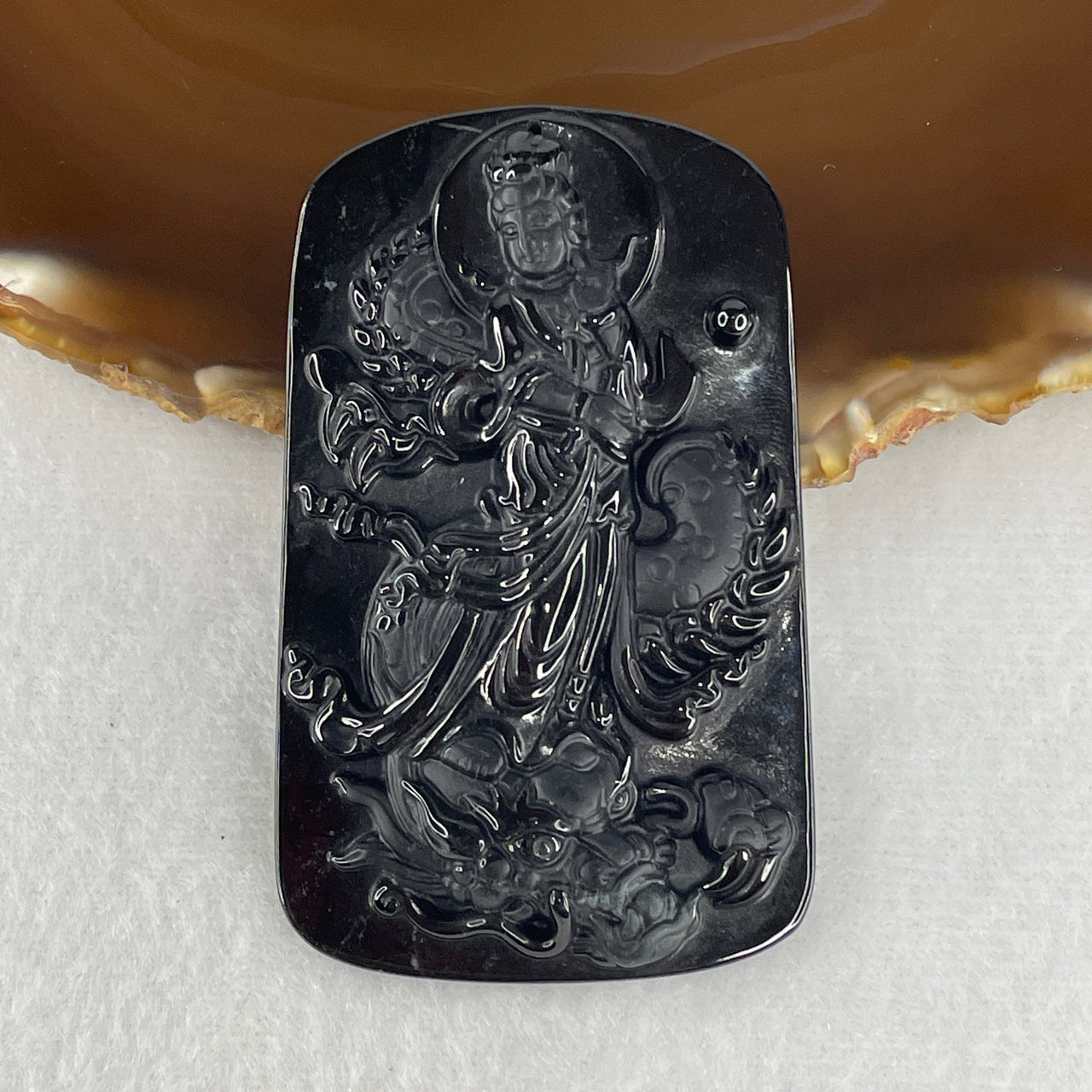 Certified Type A Opaque Black Omphacite Jadeite Bodhisattva Samantabhadra on Dragon Pendant | Great Practice & Dragon/Snake Zodiac Talisman (28.66g | 67.0 x 41.1 x 8.0mm)