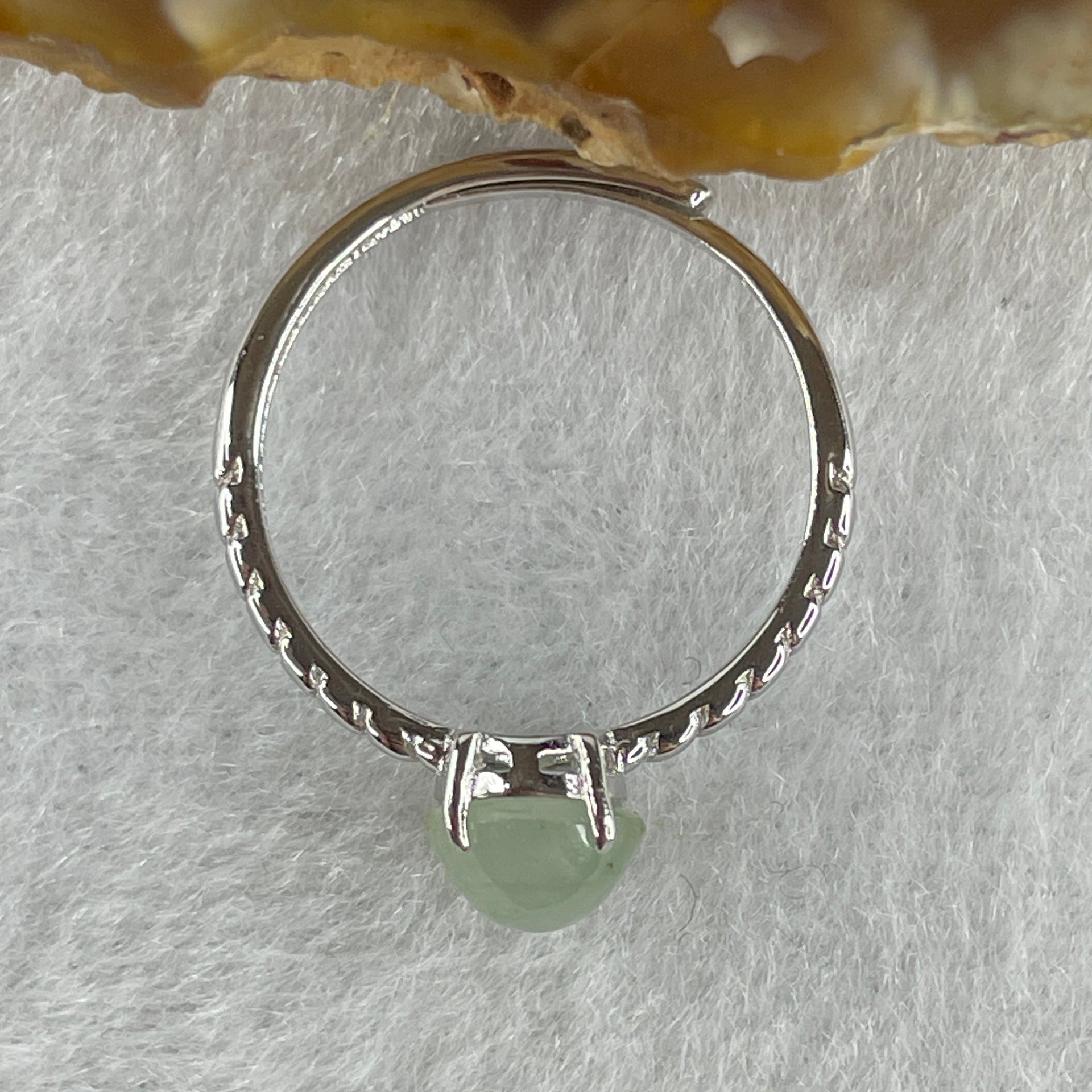 Natural Type A Semi Icy Faint Green Jadeite Oval Shape Cabouchon in S925 Silver Ring (Adjustable Size) 1.57g 7.7 by 6.9 by 5.0mm - Huangs Jadeite and Jewelry Pte Ltd
