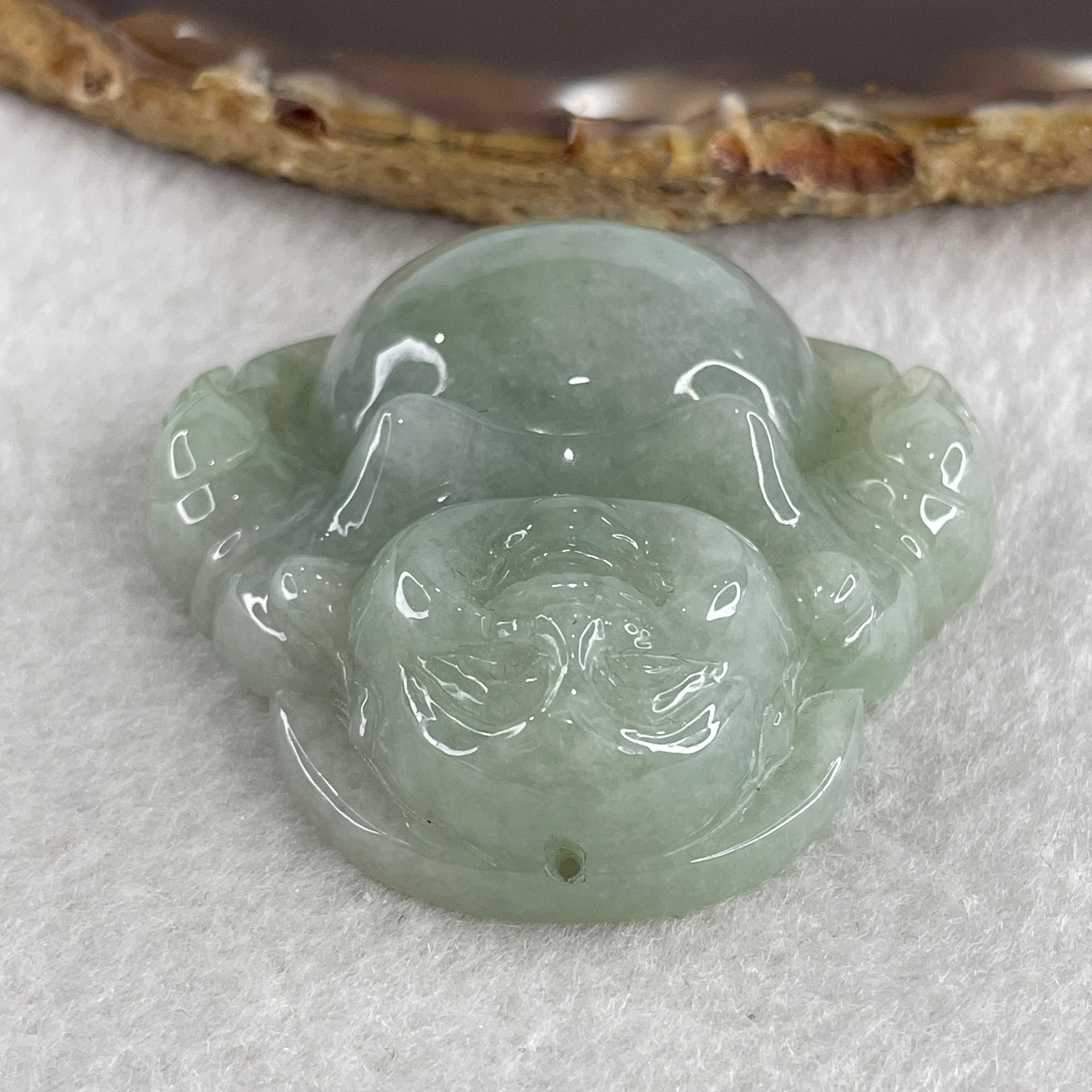 Natural Type A Green Jadeite Milo Laughing Buddha Pendant 47.59g 46.1 by 48.7 by 14.6mm - Huangs Jadeite and Jewelry Pte Ltd