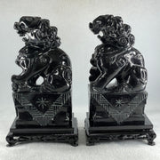 Black Pair of Fu Gou with Wooden Stand Display 5,365.5g Each about 110.0 by 15.0 by 230.0mm - Huangs Jadeite and Jewelry Pte Ltd