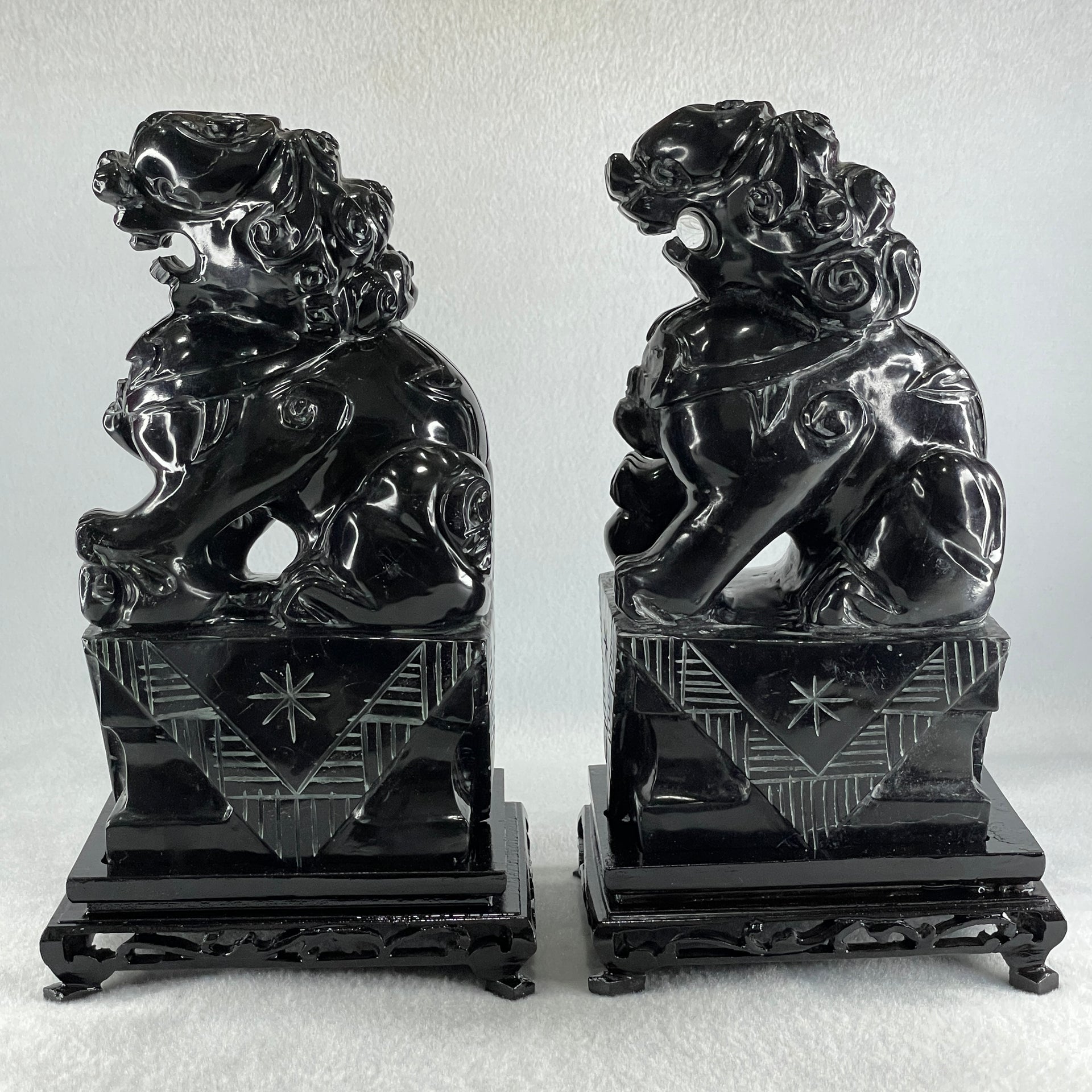 Black Pair of Fu Gou with Wooden Stand Display 5,365.5g Each about 110.0 by 15.0 by 230.0mm - Huangs Jadeite and Jewelry Pte Ltd