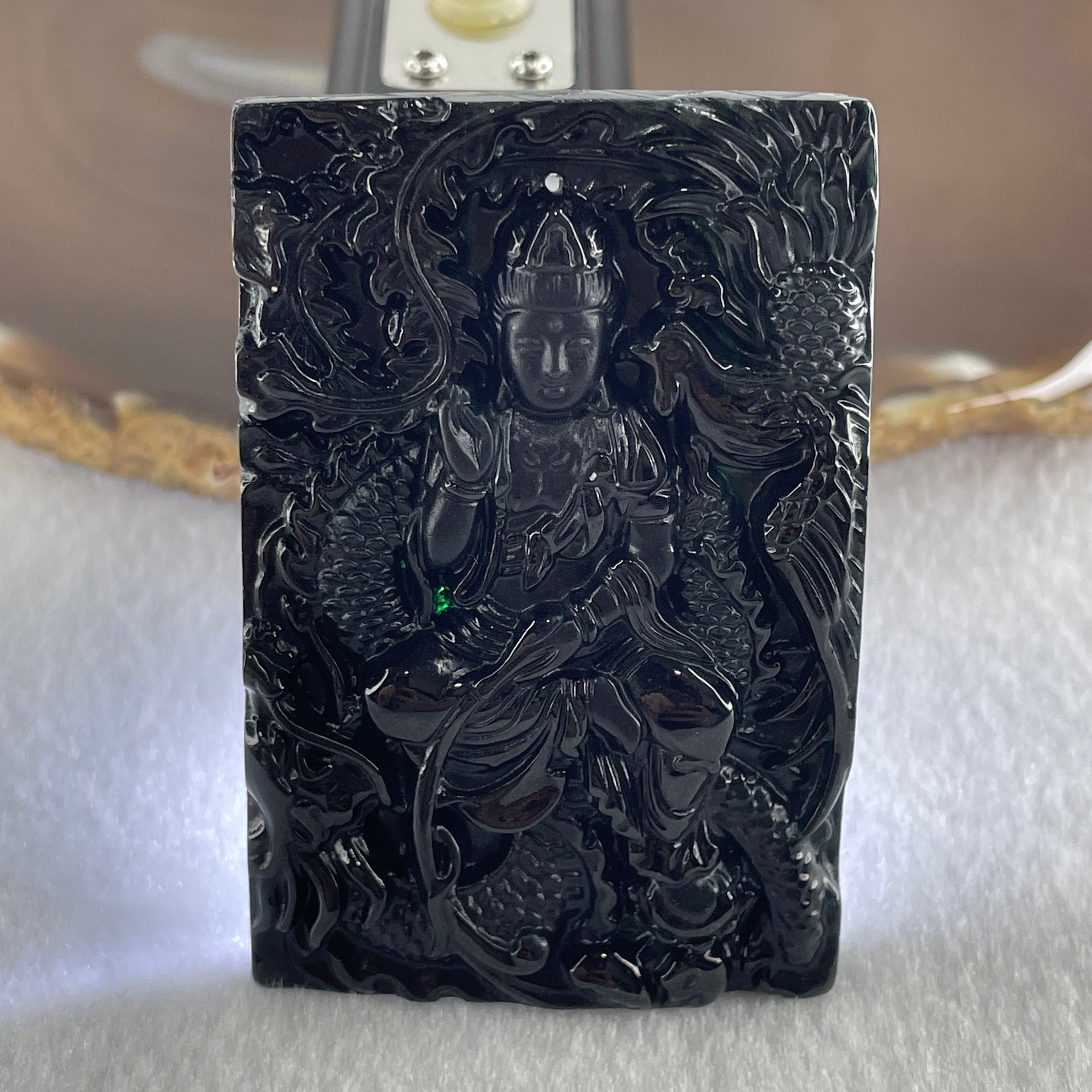 Type A Opaque to Partial Translucent Black Omphacite Jadeite Guan Yin with Dragon and Phoenix Pendant 34.30g 63.1 by 41.4 by 8.0mm - Huangs Jadeite and Jewelry Pte Ltd