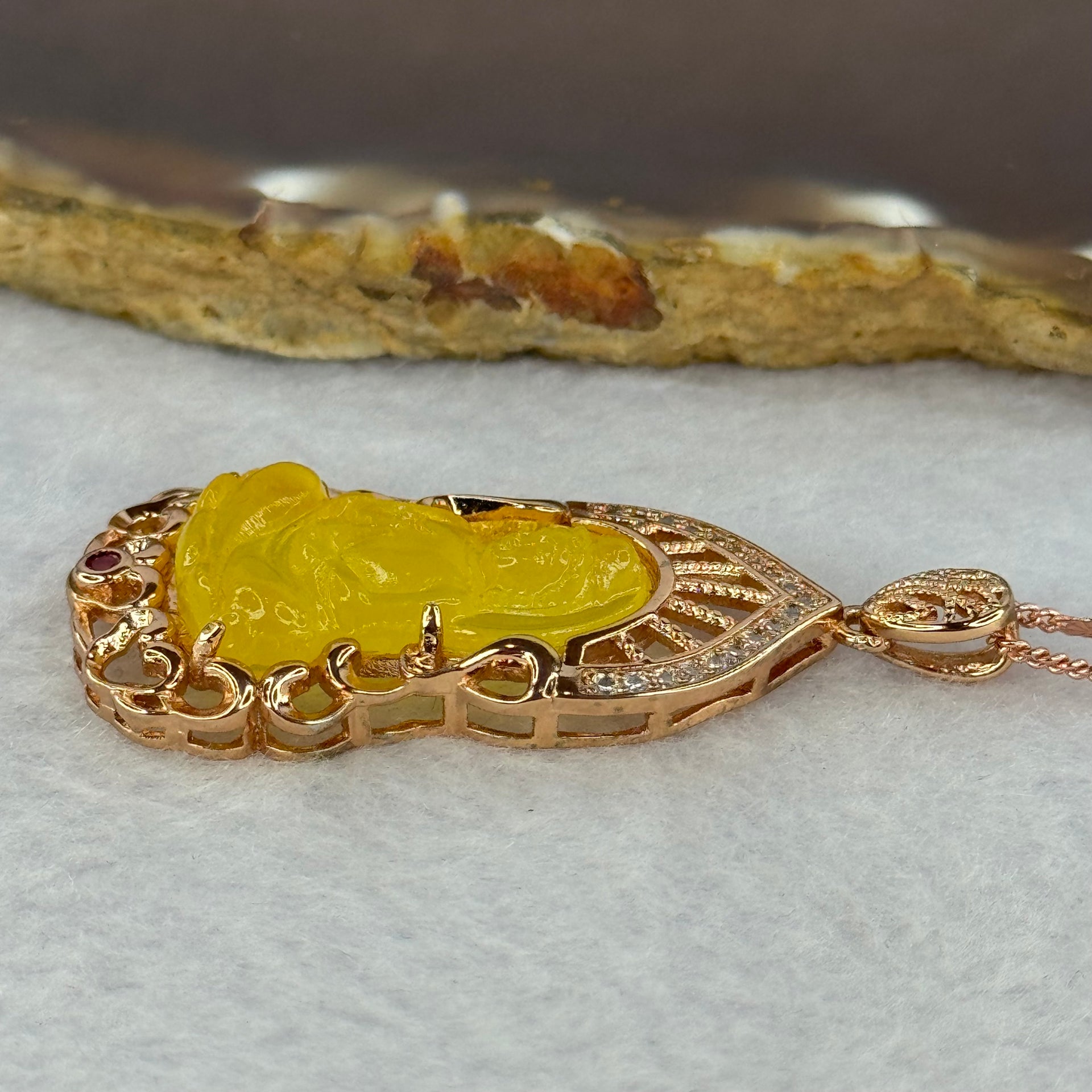 Natural Yellow Amber Guan Yin with Crystals in Silver Rose Gold Color Necklace 7.81g 16.5 by 8.1 by 3.0mm - Huangs Jadeite and Jewelry Pte Ltd