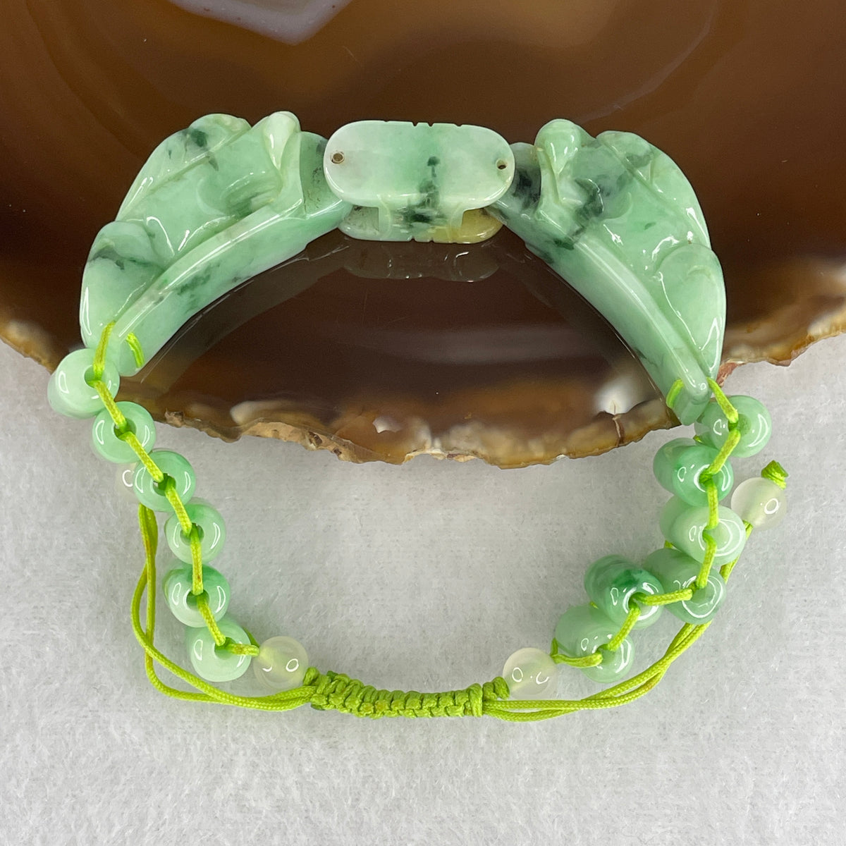 Natural Type A Apple Green Jadeite Double Dragon Head with Lulutong Beads Bracelet | Untreated Fei Cui Gemstone Set (50.70g 36.2 by 12.1 by 15.8mm | 17-20cm | 14.0mm - 12 Lulutong Beads)