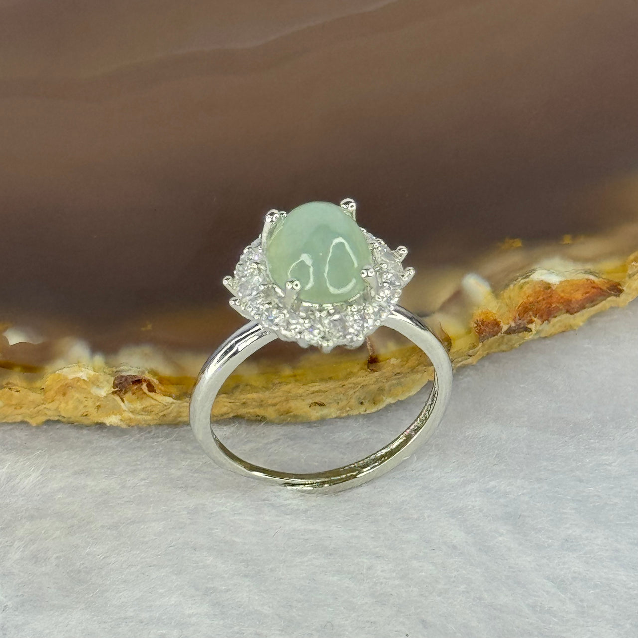 Type A Semi Icy Light Green Jadeite with Crystals in S925 Sliver Ring (Adjustable Size) 2.86g 9.3 by 7.4 by 5.0mm - Huangs Jadeite and Jewelry Pte Ltd