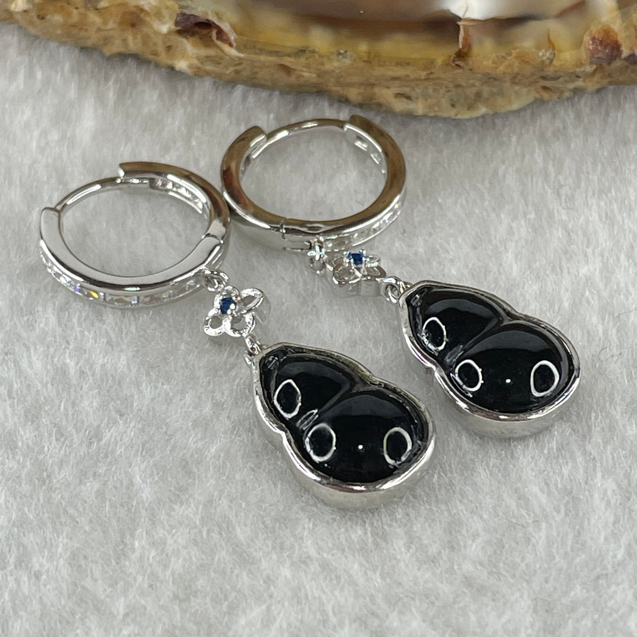 Type A Fully Translucent Black Omphacite Jadeite Hulu 11.9 by 7.2 by 2.5mm with Cubic Zirconia in S925 Silver Earrings 4.28g - Huangs Jadeite and Jewelry Pte Ltd