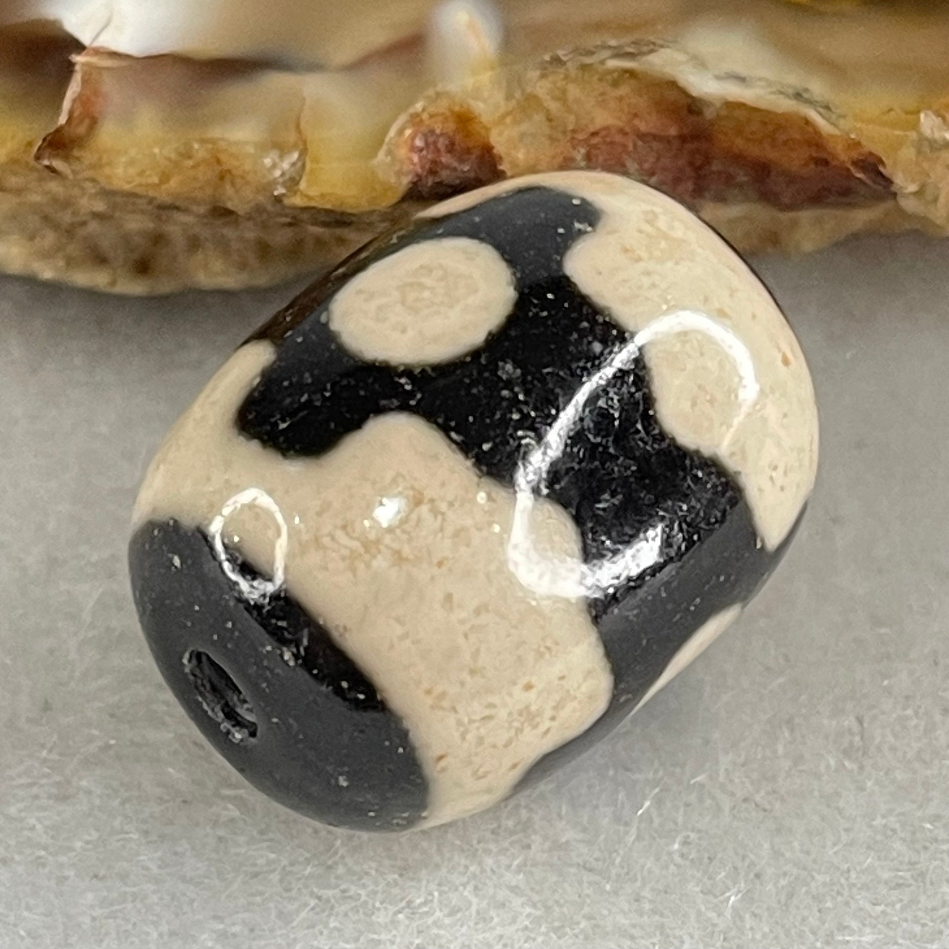 Natural Powerful Tibetan Old Oily Dark Brown With White Agate 3 Eyes Dzi Bead Heavenly Master (Tian Zhu) 三眼天诛 5.06g 17.6 by 13.5mm - Huangs Jadeite and Jewelry Pte Ltd