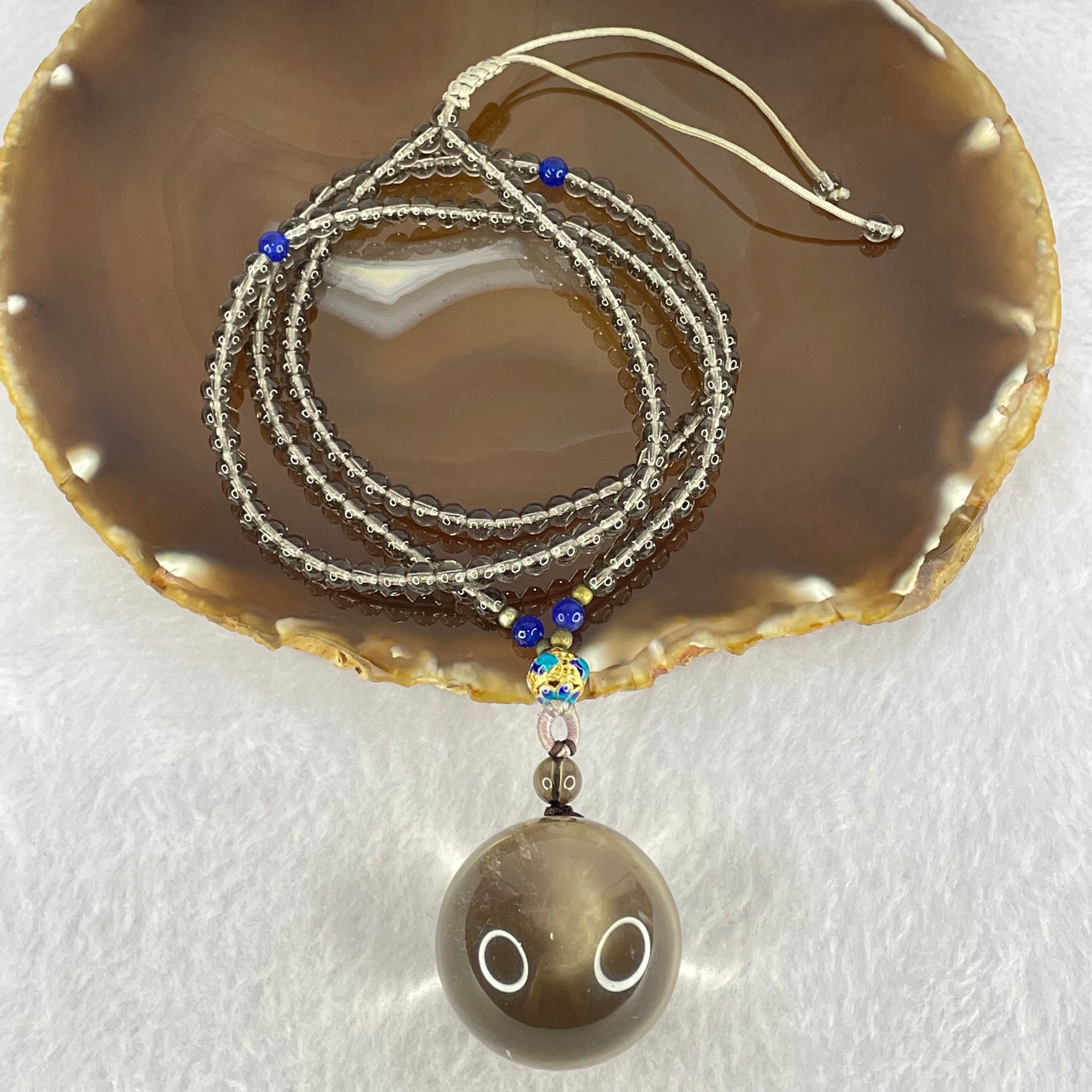 Natural Smoky Quartz Crystal Sphere Pendant with Mini Beads Necklace 59.74g 60cm 31.1mm 4.6mm 149 Beads - Huangs Jadeite and Jewelry Pte Ltd