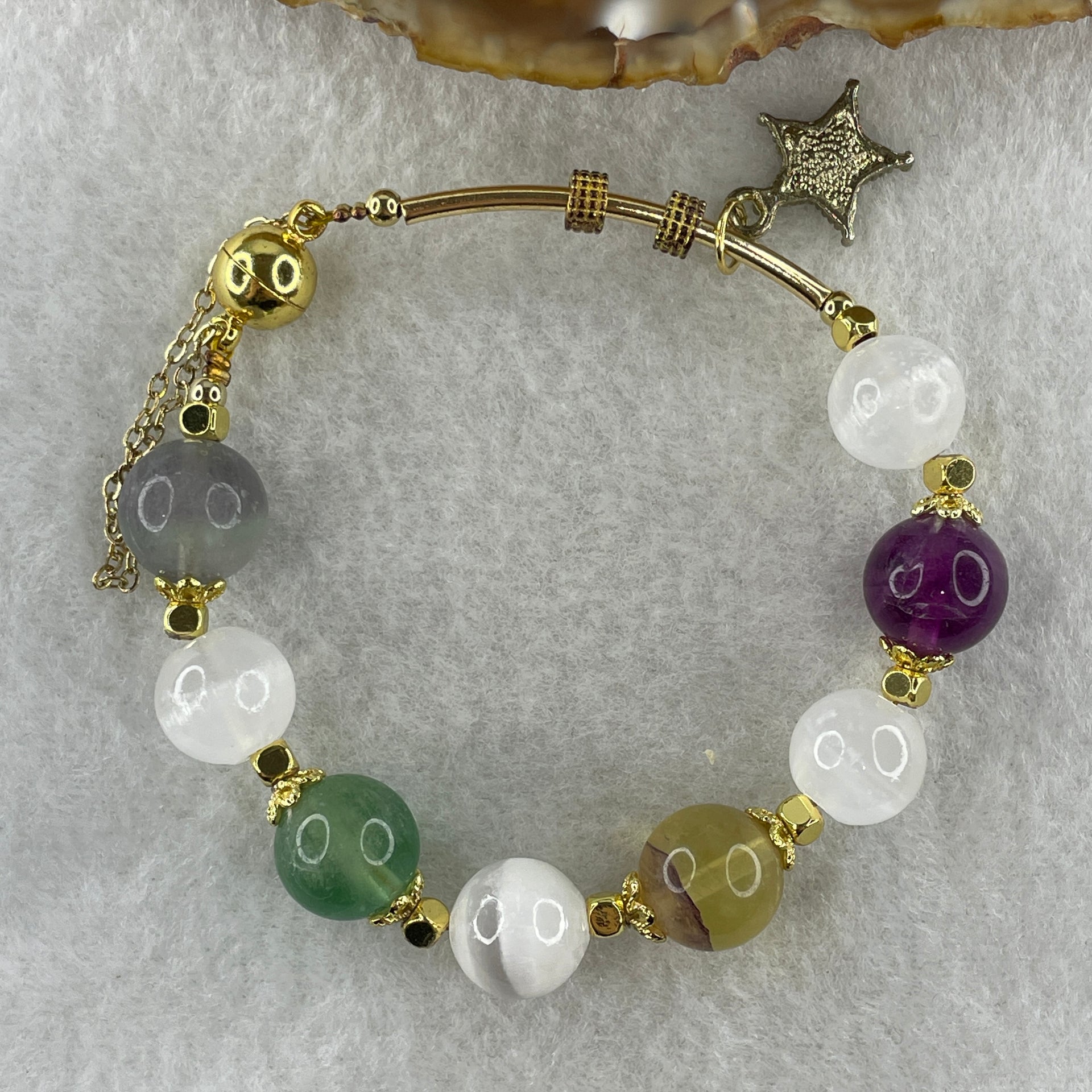 Natural Selenite with Yellow Green Grey Purple Fluorite Beads Bracelet 20.40g 11.0mm 8Beads 15cm - Huangs Jadeite and Jewelry Pte Ltd
