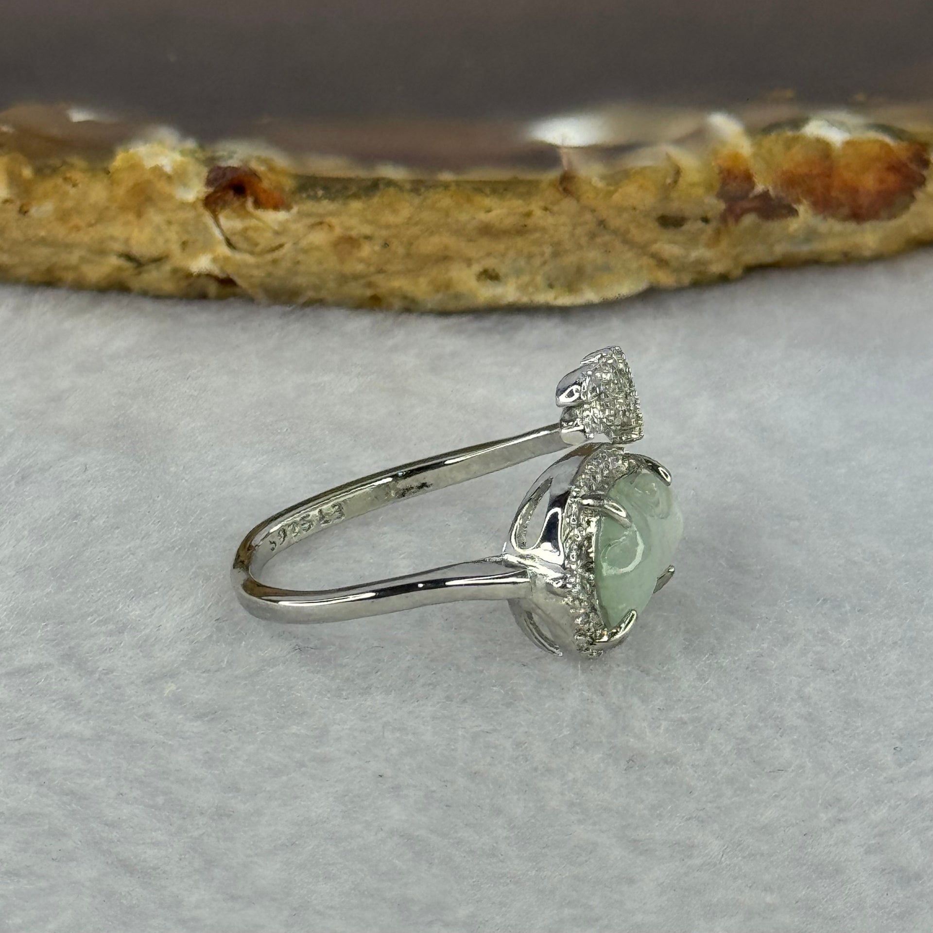 Type A Icy Light Green Jadeite Cabbage with Crystals in S925 Sliver Ring (Adjustable Size) 2.27g 12.7 by 6.8 by 2.5mm - Huangs Jadeite and Jewelry Pte Ltd