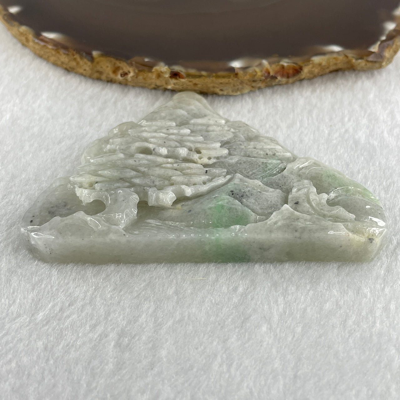 Natural Type A Faint Lavender Faint Green with Grey Wuji Patches Jadeite Shan Shui Scenic with Gui Ren Benefactor 85.27g 66.8 by 88.4 by 10.5mm