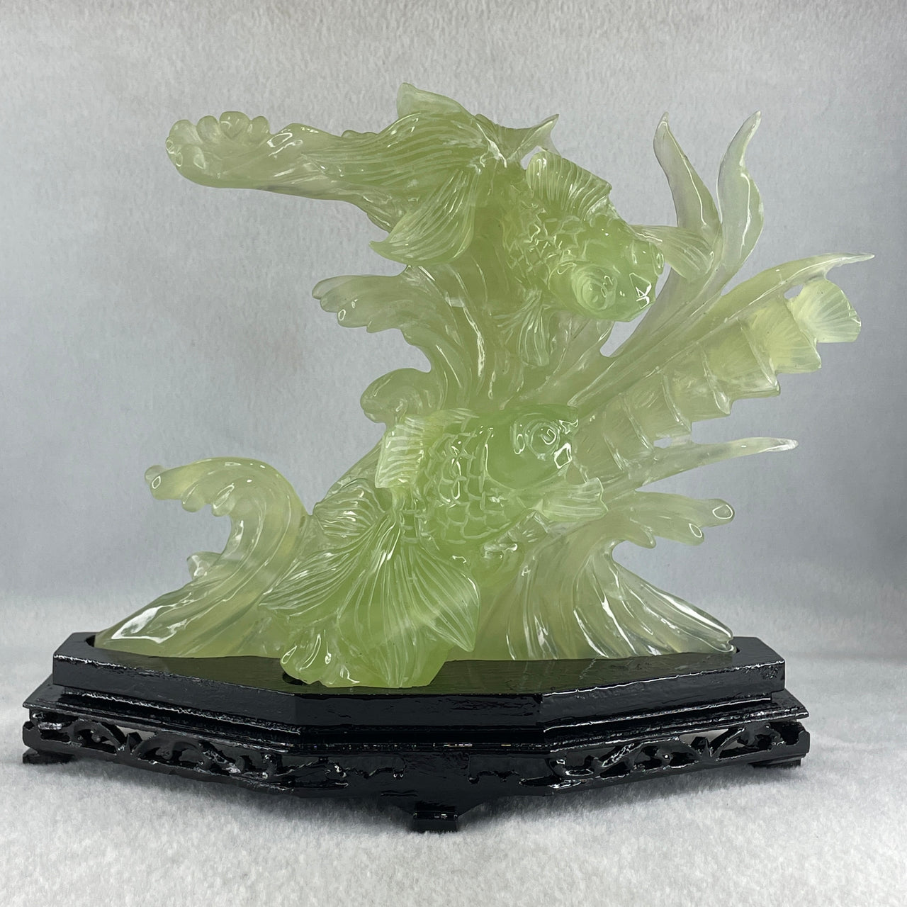 Natural Green Serpentine Twin Telescope Goldfish on Leaf with Wooden Stand Display 832.9g H213.0 by B89.0 by H180.0mm