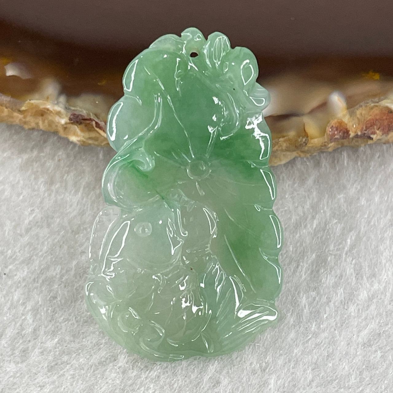 Natural Type A Jelly Green with Faint Green and Emerald Green Jadeite Carp Fish on Lotus Leaf Pendant 6.34g 34.1 by 20.3 by 6.3mm - Huangs Jadeite and Jewelry Pte Ltd
