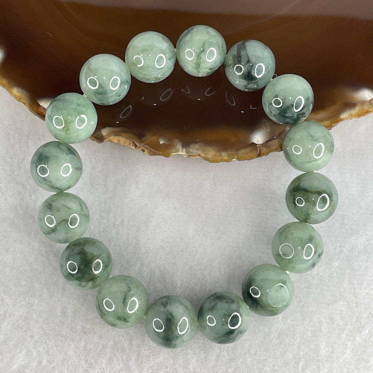 Natural Type A Blueish Green Jadeite Beads Bracelet | 17.5cm Statement Strand of 16 Matched 13.8mm Statement Beads (76.27g | Green Piao Hua | Lan Shui Calm & Sovereign Wealth)