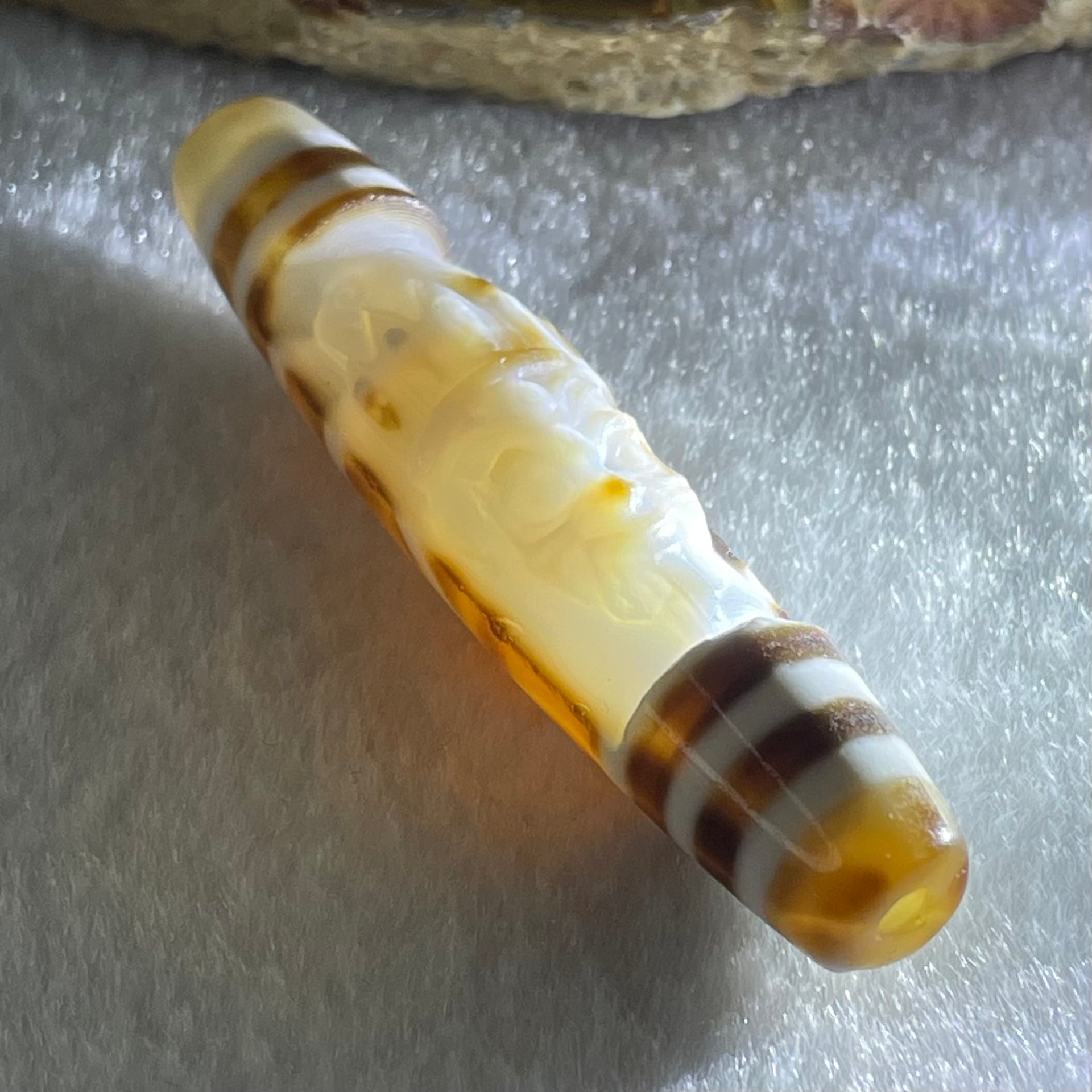 Natural Powerful Tibetan Old Oily Agate 2 Eye with Zha Ji La Mu Female Cai Shen Carvings Dzi Bead Heavenly Master (Tian Zhu) 两眼扎基拉姆女财神天诛 11.98g 57.3 by 12.5mm - Huangs Jadeite and Jewelry Pte Ltd