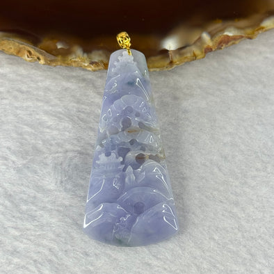 18K Yellow Gold Type A Deep Lavender Jadeite Shan Shui with Benefactor Pendant 18K黄金紫罗兰山水贵人牌 8.30g 46.7 by 22.3 by 5.1mm - Huangs Jadeite and Jewelry Pte Ltd