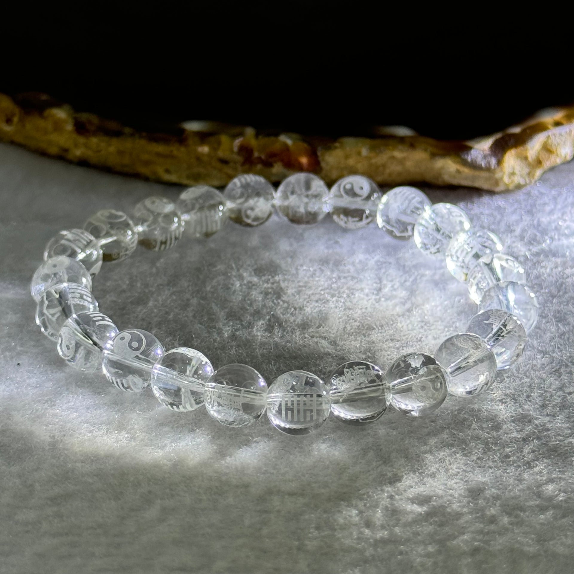 Natural Clear Quartz Beads with Inscription Bracelet 17.93 15.5cm 8.4mm 23 Beads - Huangs Jadeite and Jewelry Pte Ltd