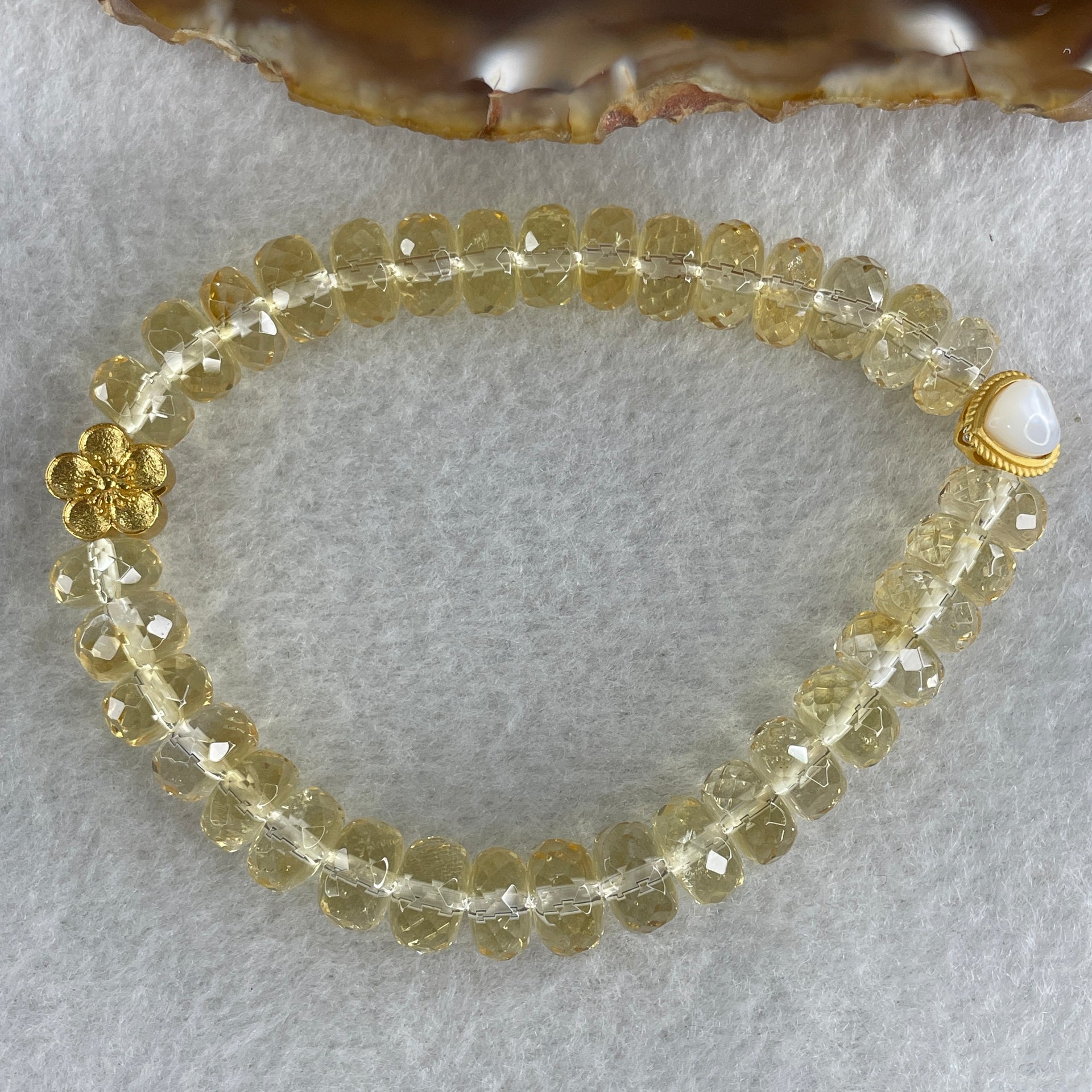 Natural Citrine Donut with Heart Shape Charm Bracelet 20.03g 15cm 8.5mm 34 Beads - Huangs Jadeite and Jewelry Pte Ltd