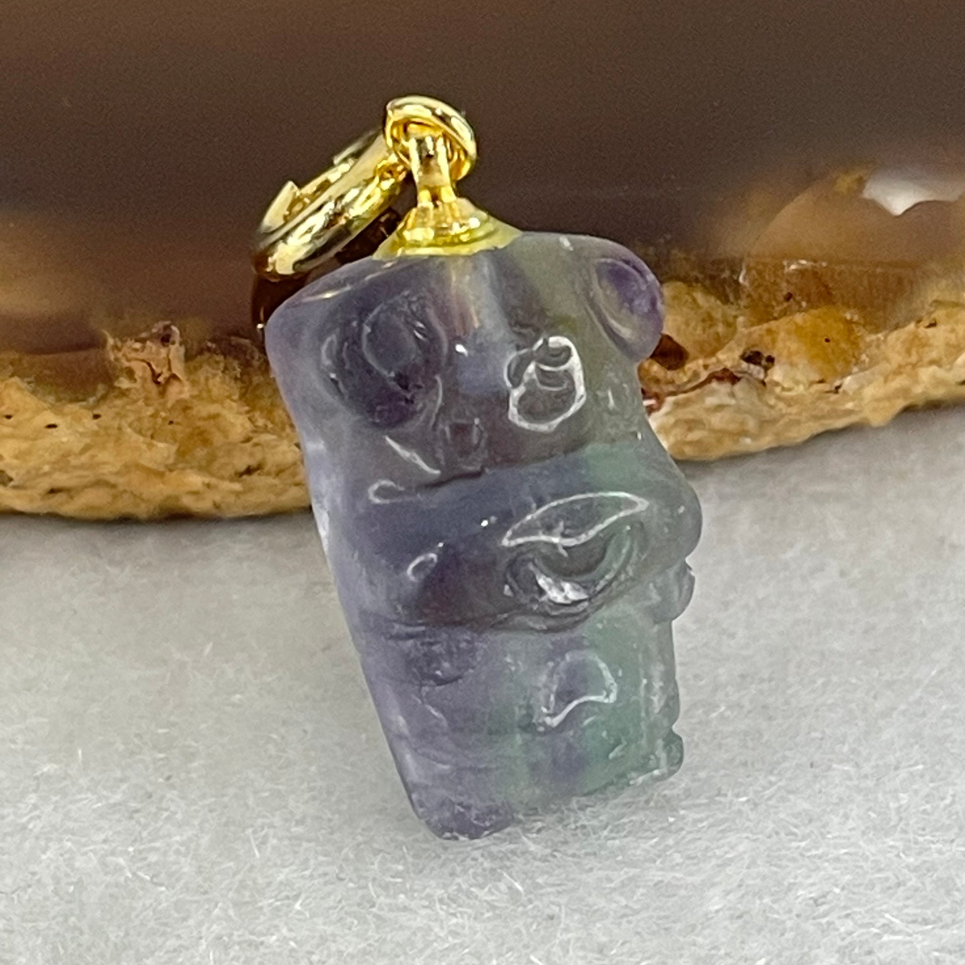 Natural Purple and Green Fluorite Ox Charm Pendant 3.17g 17.2 by 11.6 by 8.1mm - Huangs Jadeite and Jewelry Pte Ltd