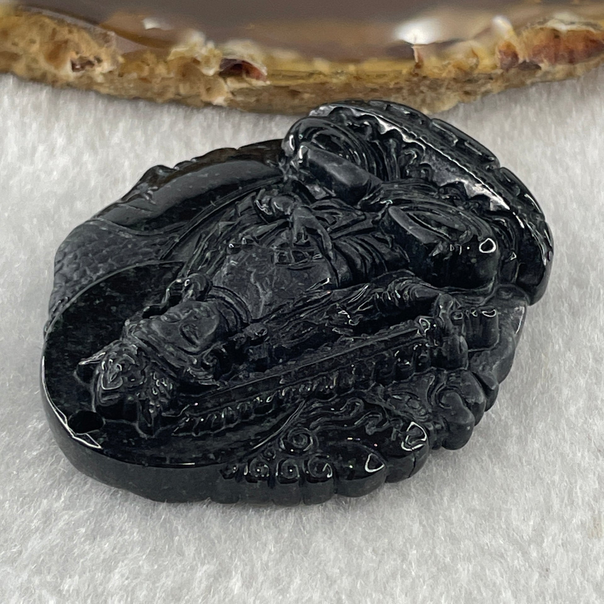 Type A Opaque Black Omphacite Jadeite Good Vs Evil Akasagarbha Bodhissattva Pendant Ox and Tiger Zodiac Guardian 39.80g 50.8 by 43.7 by 11.4mm - Huangs Jadeite and Jewelry Pte Ltd