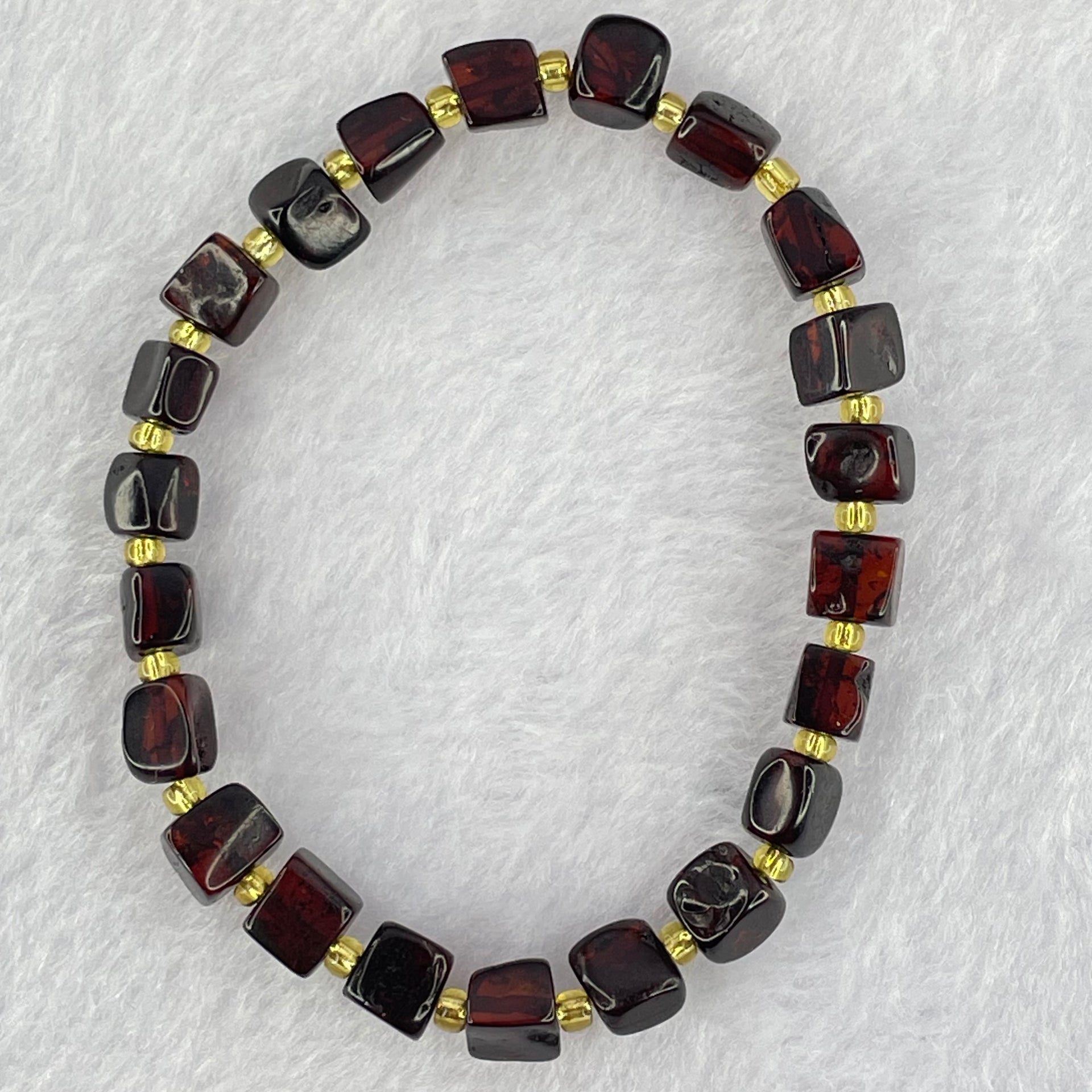 Natural Dark Blood Red Amber Cubes Bracelet 天然血珀手链 4.89g 15.5cm 6.3mm 22 Beads - Huangs Jadeite and Jewelry Pte Ltd