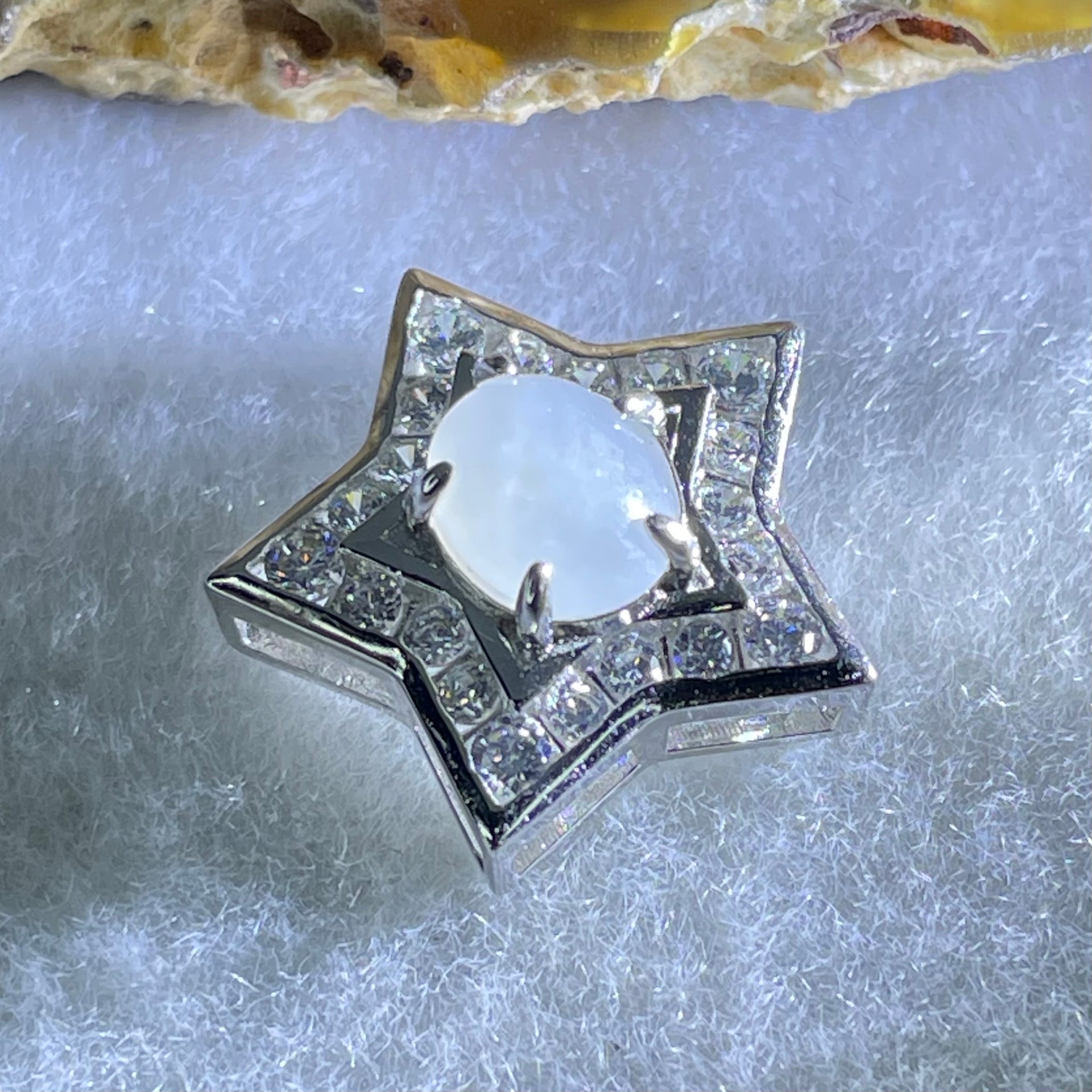 Type A Semi Icy Light Lavender Cabochon Jadeite in S925 Sliver Star with Crystal Charm 2.39g 7.9 by 6.9 by 4.0mm - Huangs Jadeite and Jewelry Pte Ltd