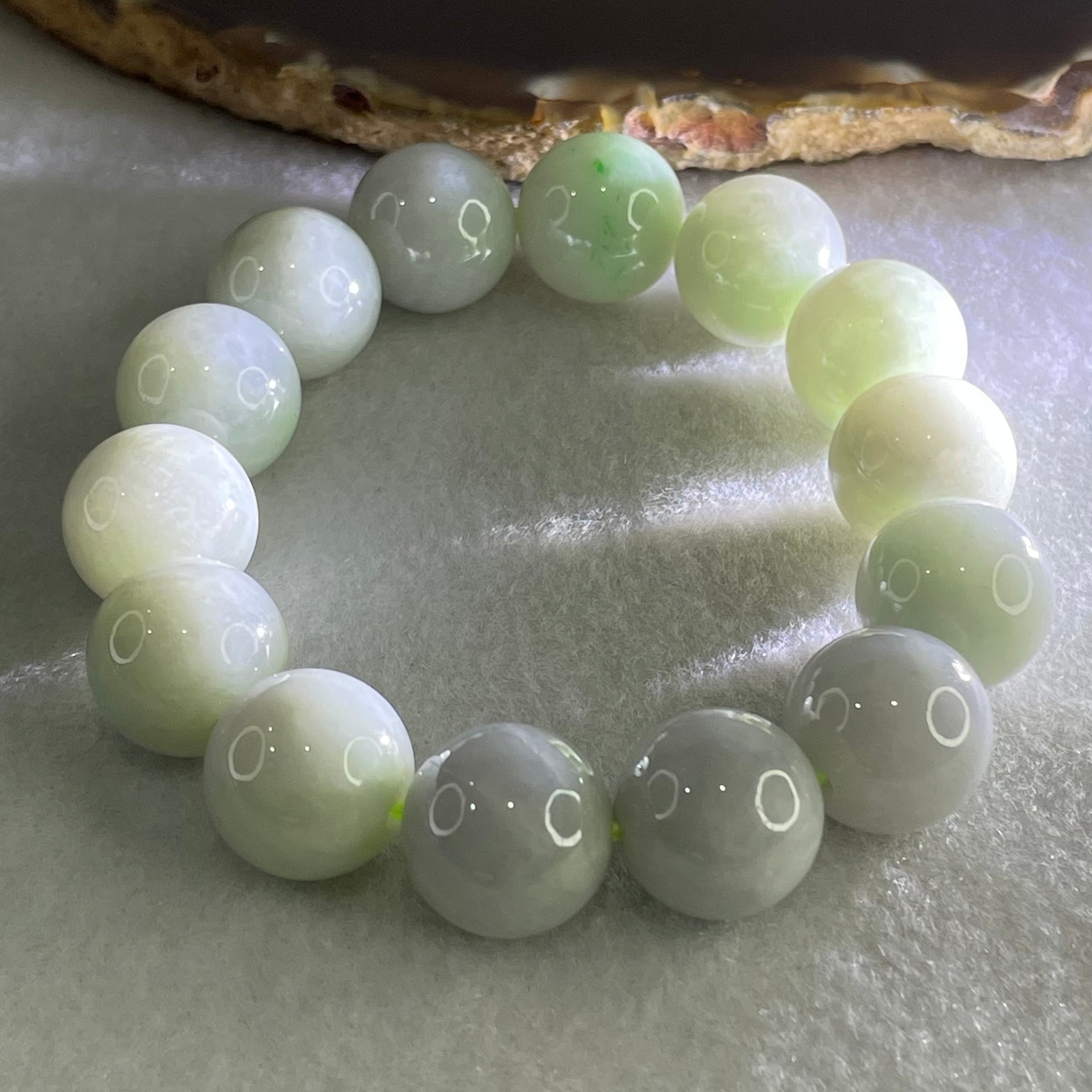 Type A Light Green Light Lavender Jadeite Beads Bracelet 79.34g 16cm 14.9mm 14 Beads (Some Internal Lines) - Huangs Jadeite and Jewelry Pte Ltd