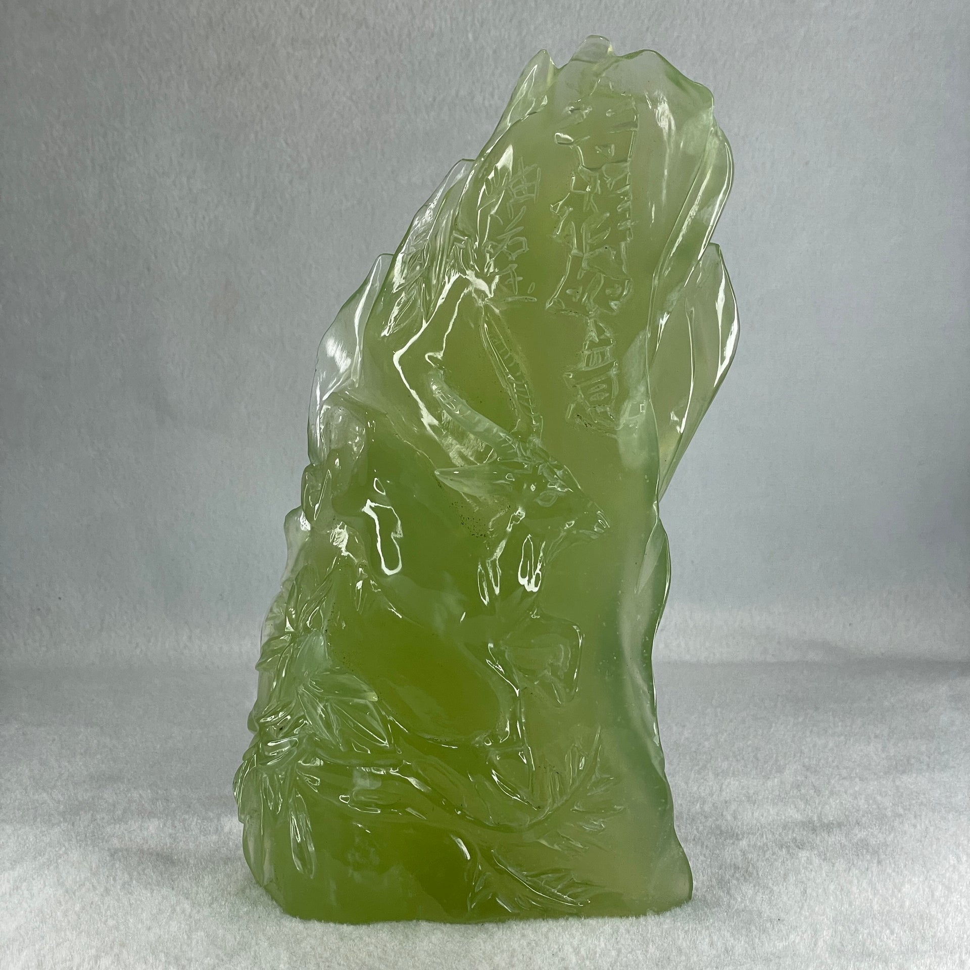 Natural Green Serpentine Goat on Moutain with Wooden Stand Display 828.2g 134.4 by 66.1 by 210.0mm - Huangs Jadeite and Jewelry Pte Ltd