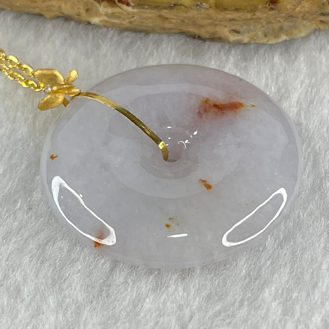 Certified Natural Type A Lavender with Red Spots Jadeite Ping An Kou Donut Pendant in 18K Yellow Gold Butterfly Clasp and 1 Diamond with Gold Color Necklace 9.22g 27.1 by 6.2mm