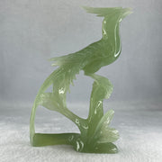 Natural Green Serpentine Phoenix Birds on Tree with Wooden Stand Display 366.6g 139.0 by 198.0 by 75.0mm - Huangs Jadeite and Jewelry Pte Ltd