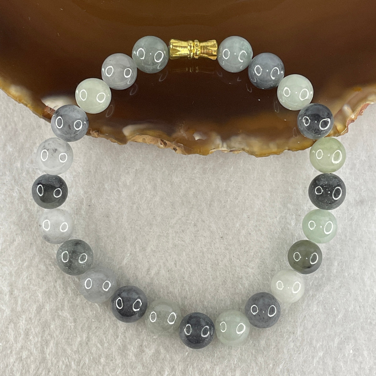 Natural Type A Light Wuji Grey & Light Green Jadeite Beads Bracelet | (22.21g | 17.0cm | 8.4mm x 23 Beads | Synergy, "Wuji" Spatial Shield & Feng Shui Serenity Anchor)