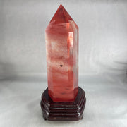 Cherry Quartz Tower with Wooden Stand Display 1733.9g 120.0 by 111.0 by 250.0mm - Huangs Jadeite and Jewelry Pte Ltd