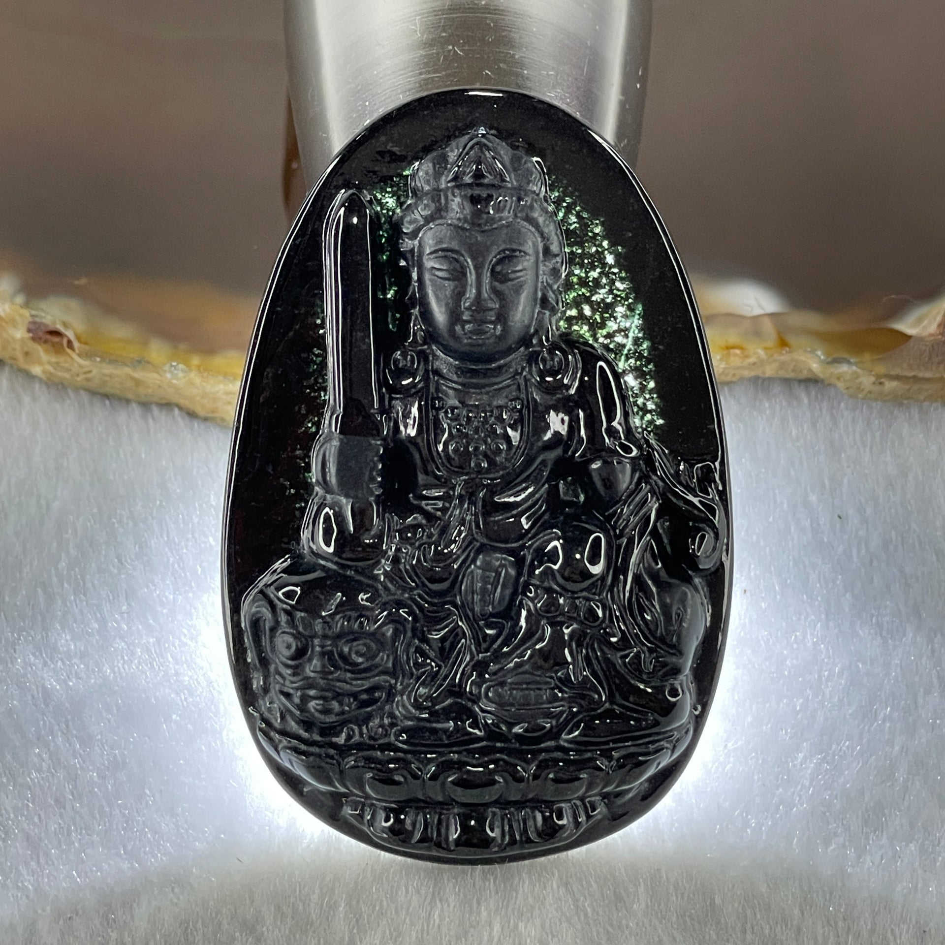 Type A Opaque to Partial Translucent Black Omphacite Jadeite Manjushri Bodhisattva Pendant Rabbit Zodiac Guardian 14.81g 51.0 by 33.8 by 7.8mm - Huangs Jadeite and Jewelry Pte Ltd