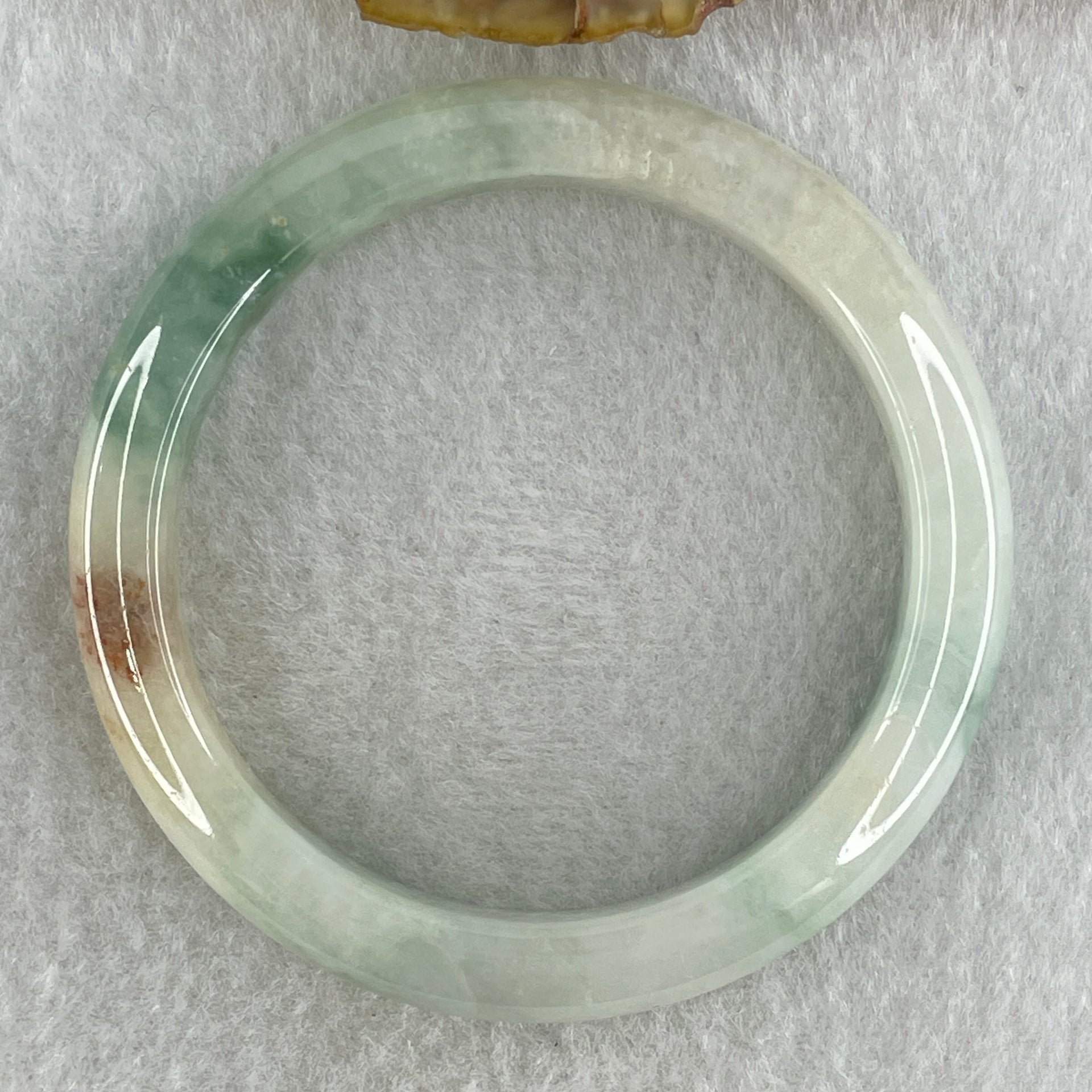 Type A Natural Jelly Light Green with Blueish Green, Red and Yellow Patches Jadeite Bangle 38.29g Inner Diameter 52.4mm 10.0 by 7.6mm (External and Internal Lines) - Huangs Jadeite and Jewelry Pte Ltd