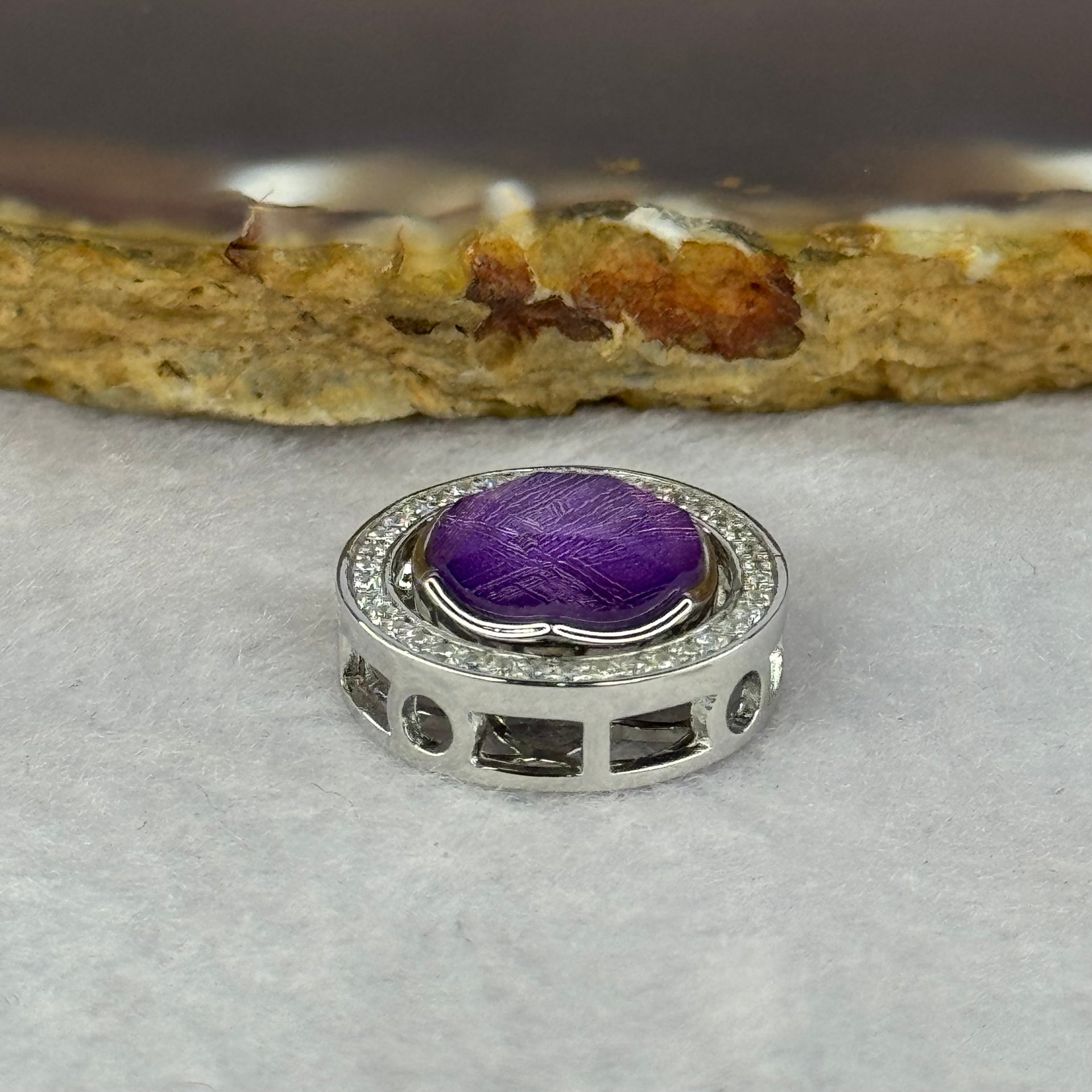 Natural Meteorite Spinning High Energy Feng Shui Charm in S925 Silver with Crystals For Necklace / Bracelet (Purple Color) 4.10g 16.8 by 7.6mm - Huangs Jadeite and Jewelry Pte Ltd