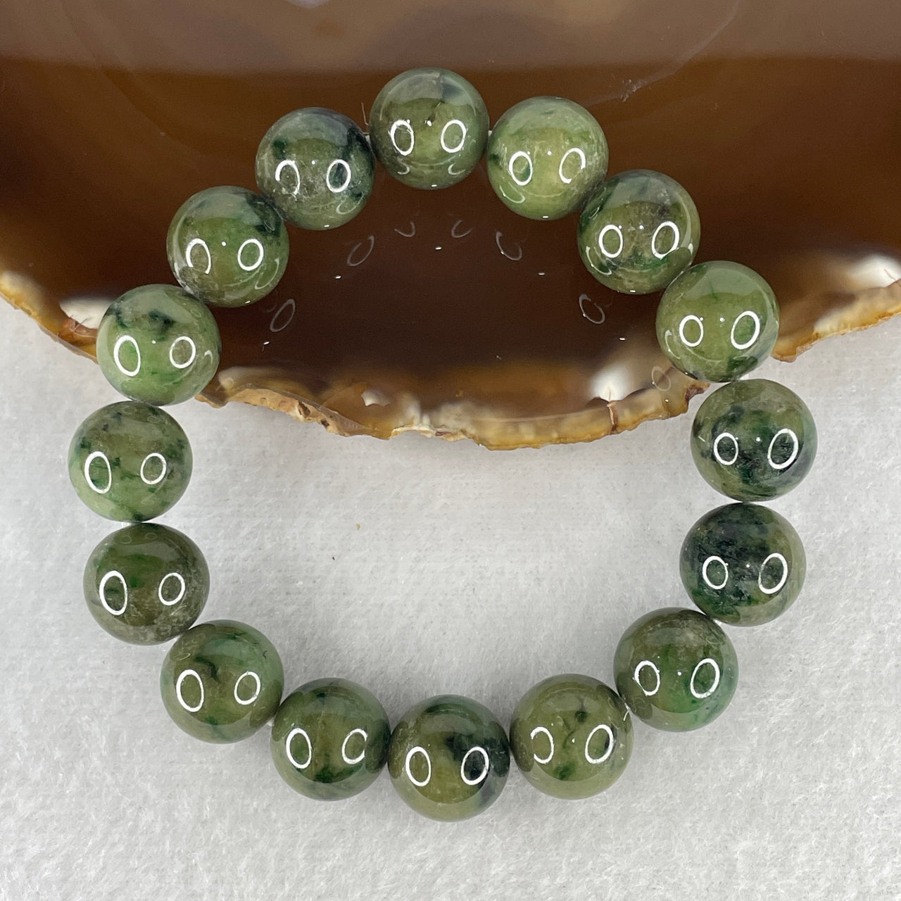 Natural Type A Green with Dark Green and Yellowish Piao Hua Jadeite Beads Bracelet 60.26g 16.5cm 13.3mm 16 Beads