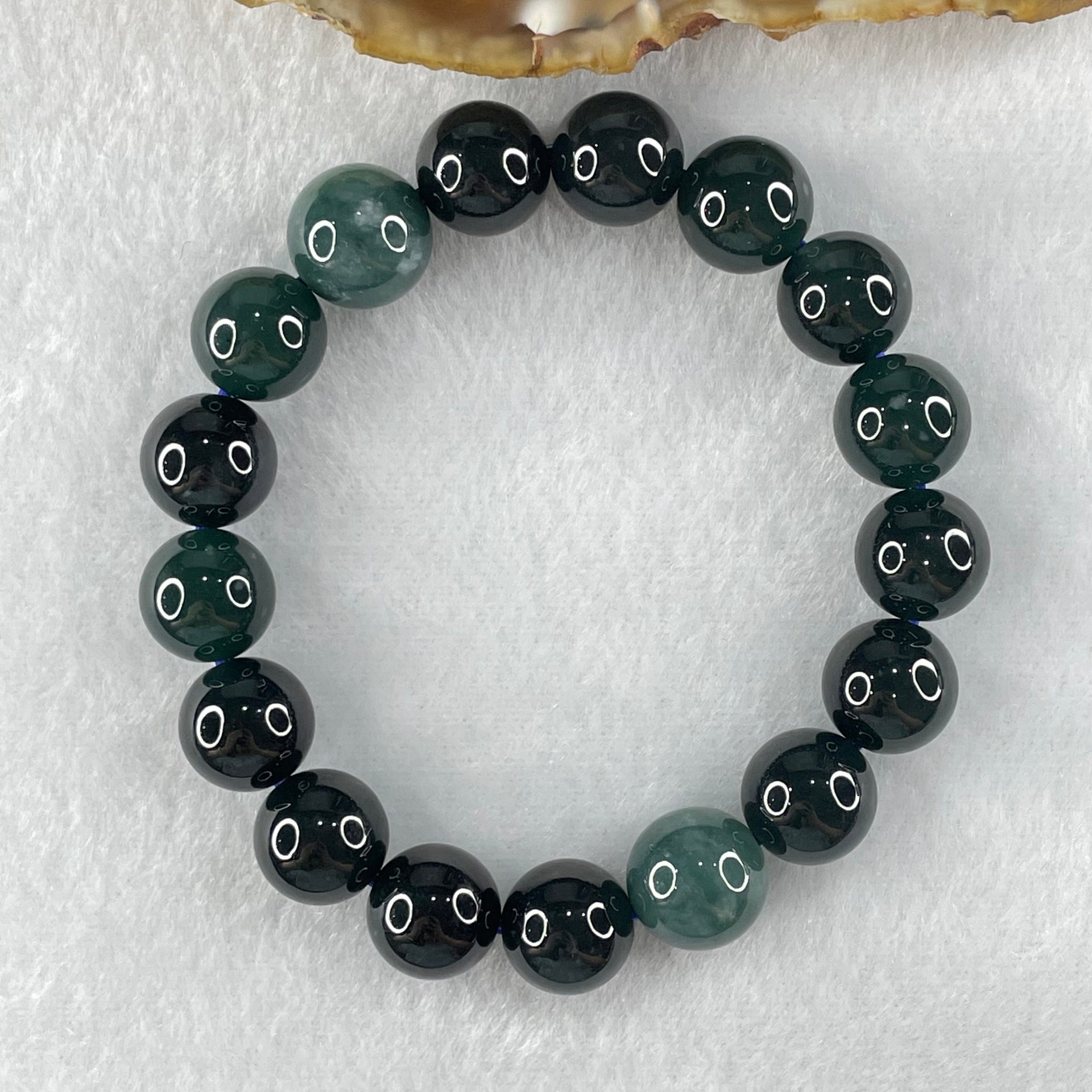 Type A Old Mine Dark Blueish Green Jadeite Beads Bracelet 50.00g 17cm 12.8mm 2 Beads 11.9mm 15 Beads - Huangs Jadeite and Jewelry Pte Ltd
