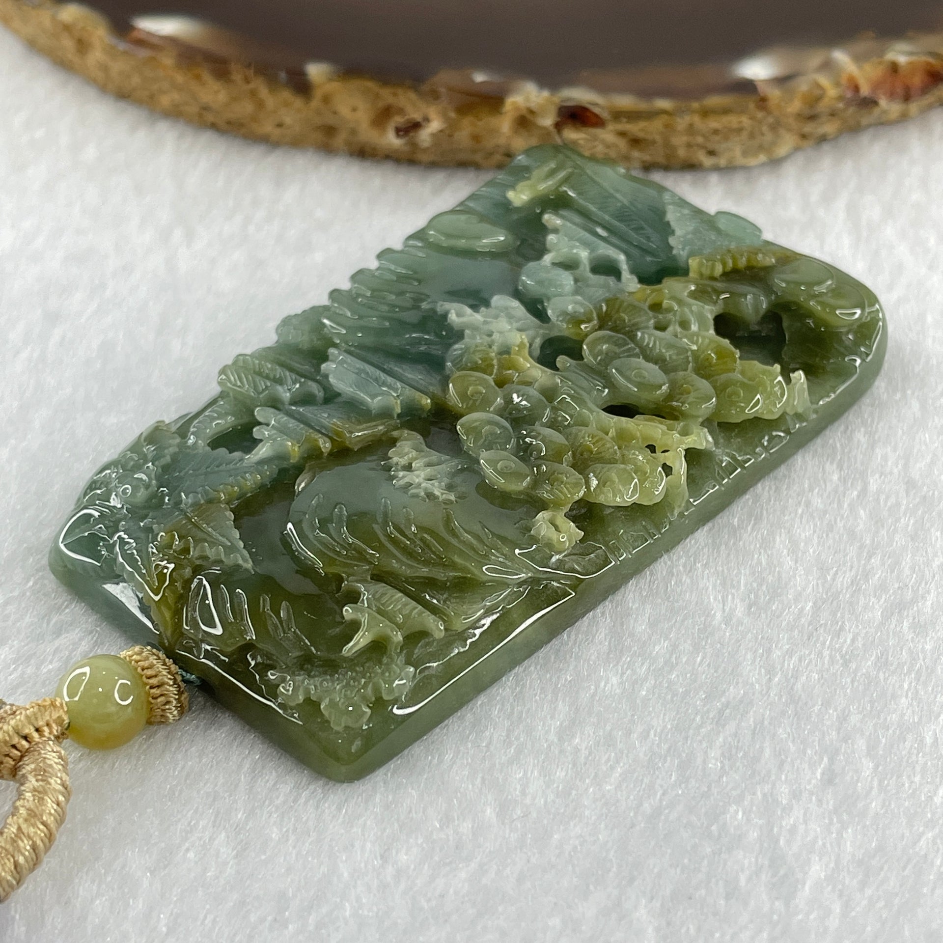 Grand Master Type Green with Brownish Yellow Jadeite Shan Shui with Gui Ren with Dragon Pendant 62.97g 67.6 by 41.8 by 9.5mm - Huangs Jadeite and Jewelry Pte Ltd