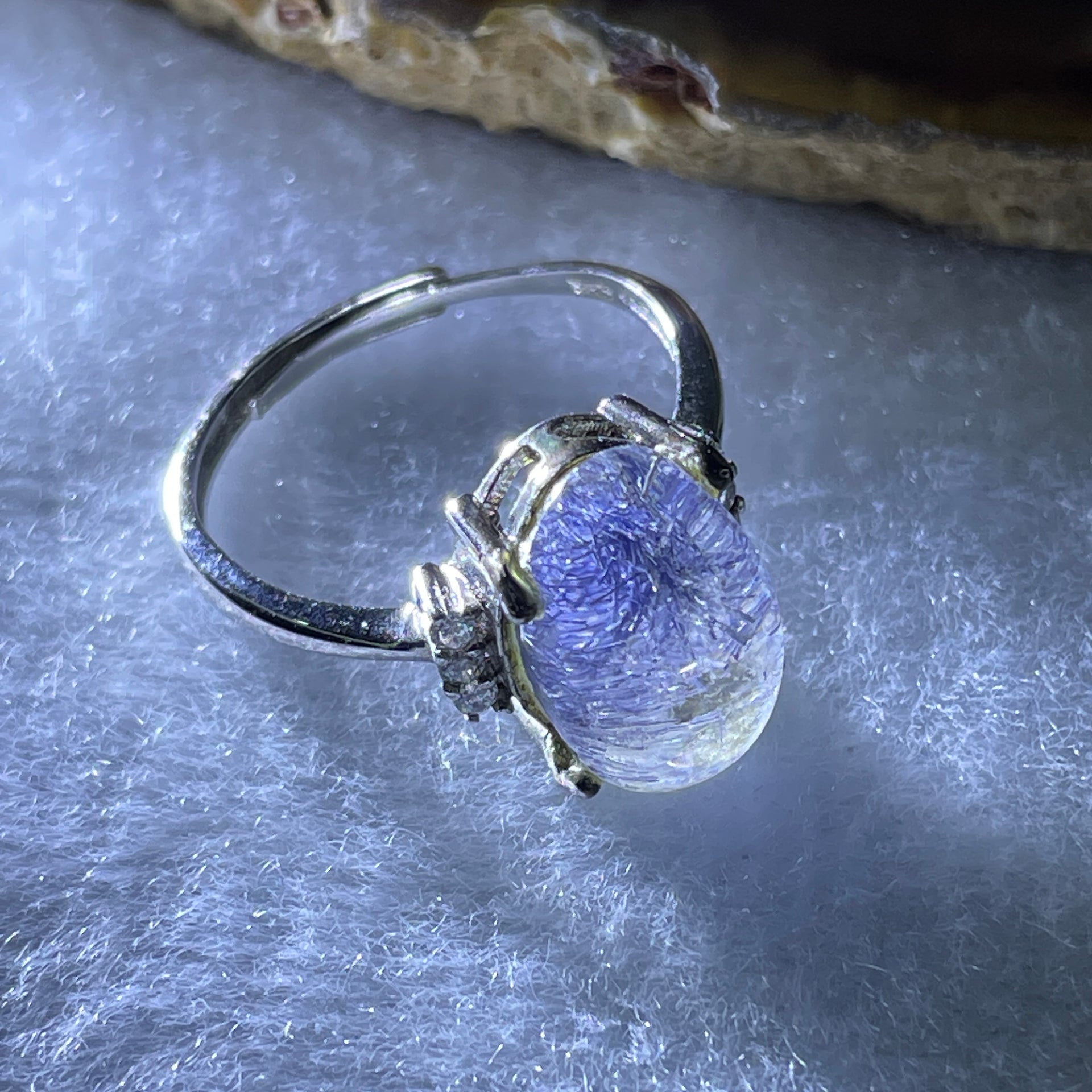 Good Grade Natural Blue Rabbit Hair Rutilated in S925 Sliver 3.27g 13.5 by 9.0 by 6.5mm (Adjustable Size) - Huangs Jadeite and Jewelry Pte Ltd