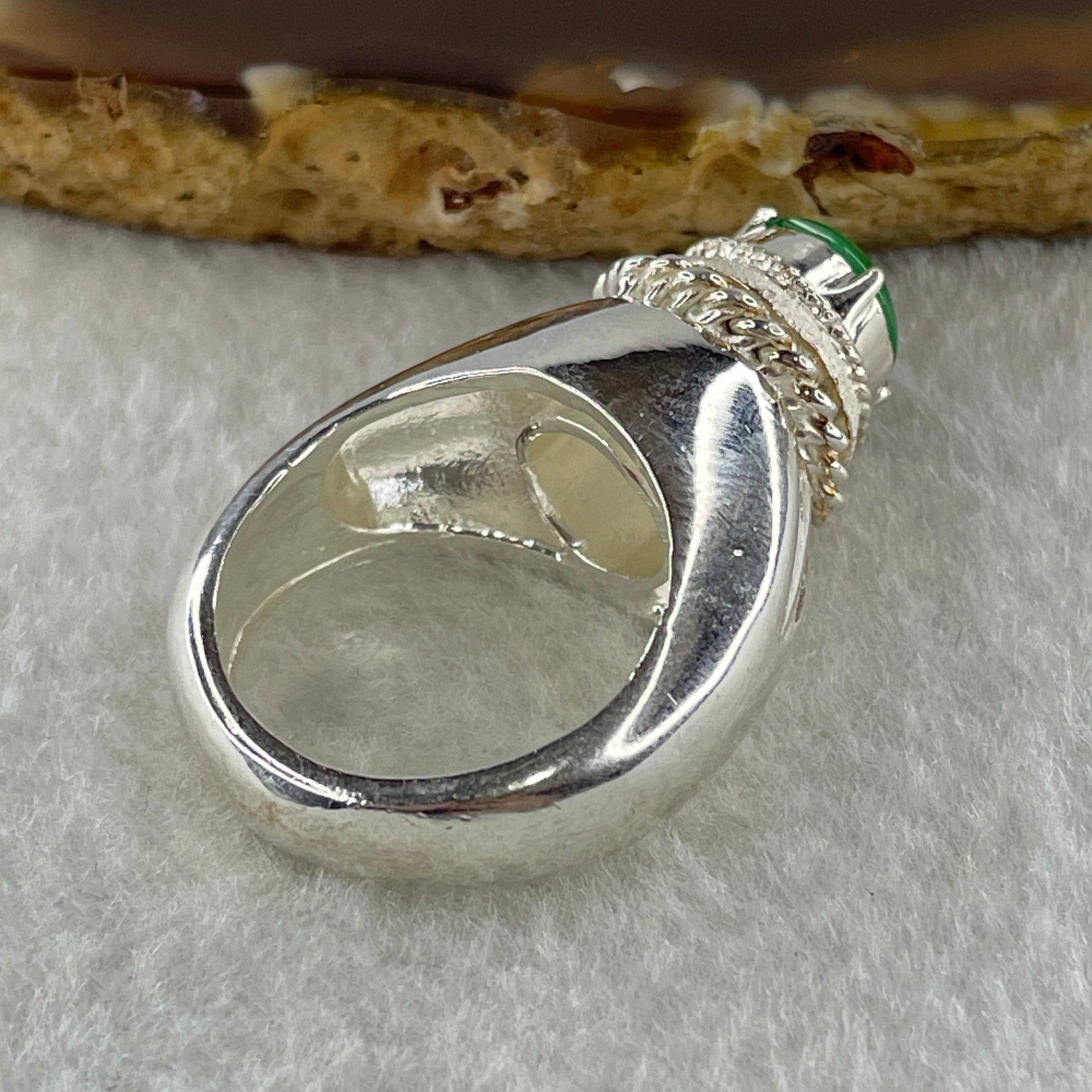 Type A Natural Old Mine Green Jadeite Cabochon 6.8 by 8.5 by 3.0mm Stone for Setting 14.03g (On Silver Ring Mold) US 7.5 HK 16.5 - Huangs Jadeite and Jewelry Pte Ltd