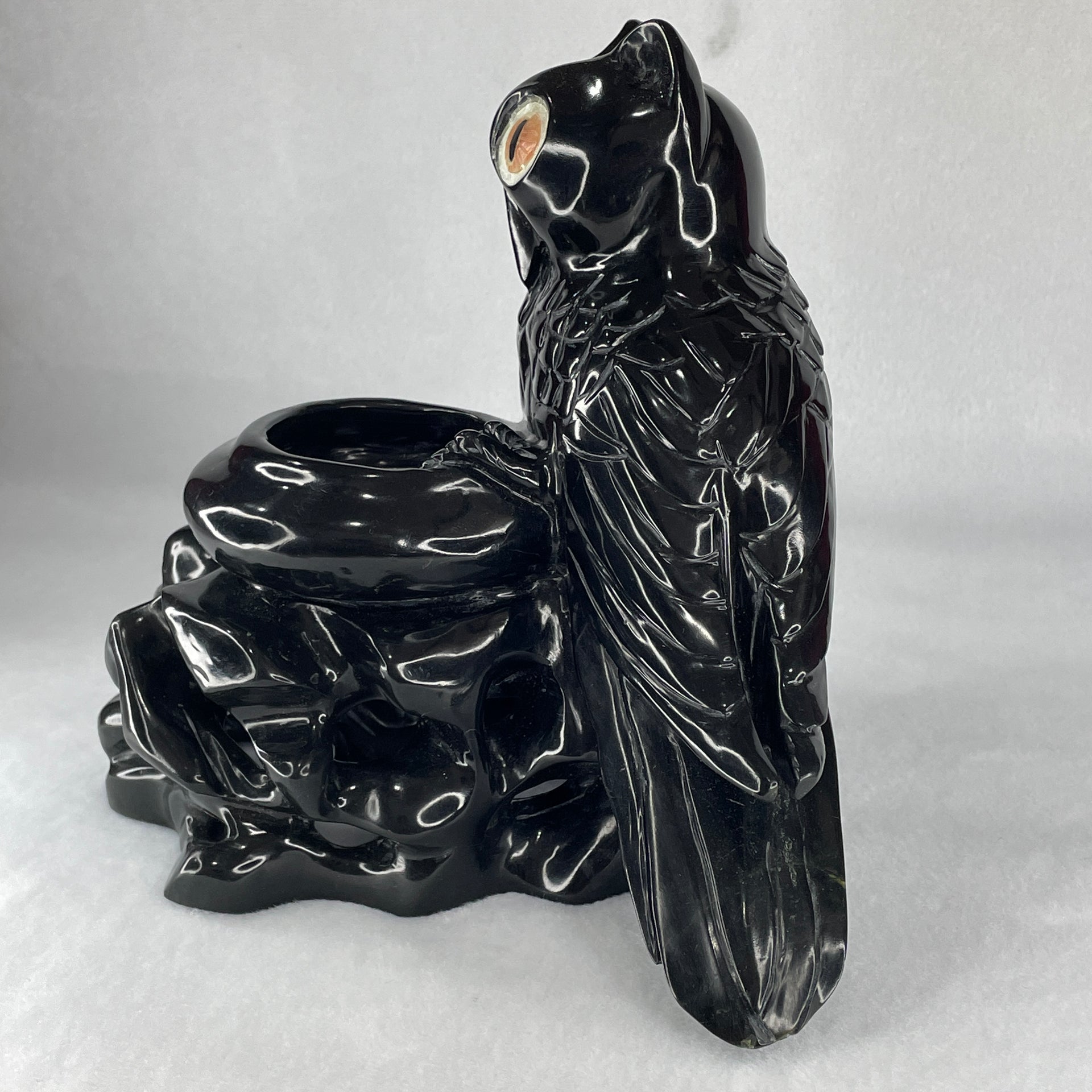 Natural Black Serpentine Owl Stand on Pot Display 2,173.5g 170.0 by 155.0 by 180.0mm - Huangs Jadeite and Jewelry Pte Ltd
