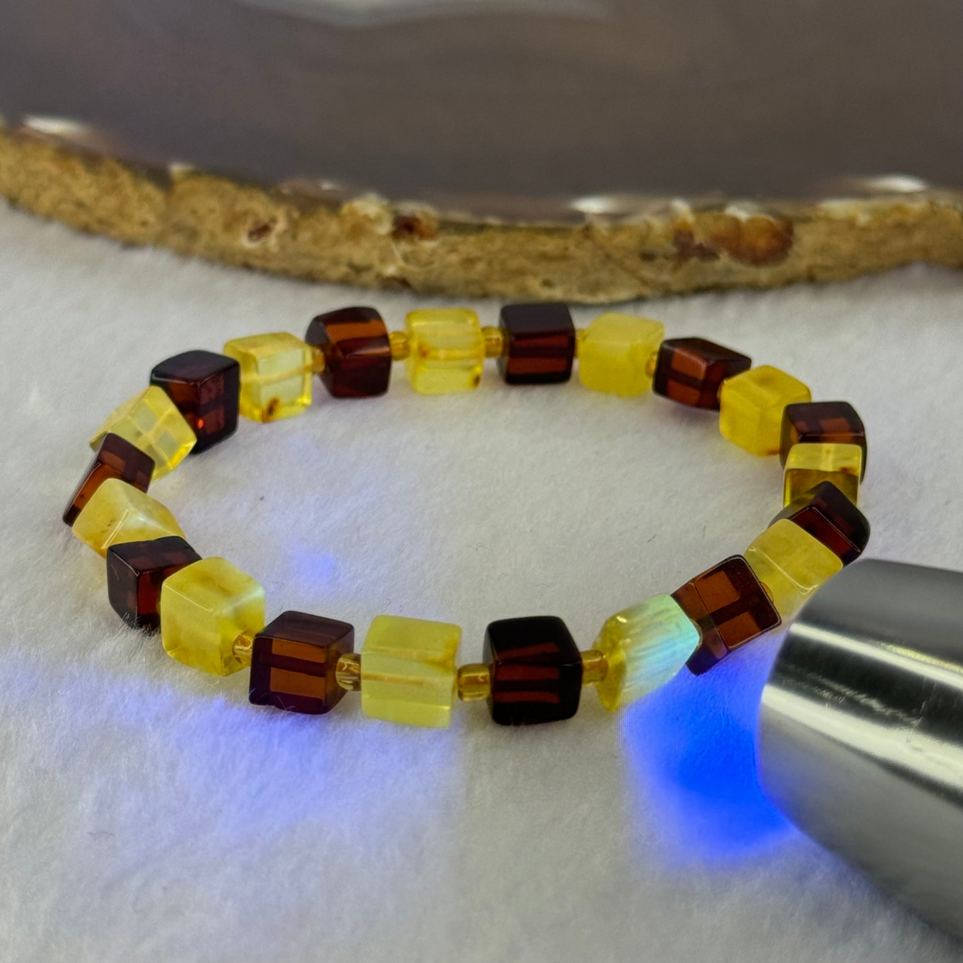 Natural Butterscotch Yellow and Red Amber Square Beads Bracelet 天然方型多宝琥珀手链 6.21g 16cm 7.2mm 22 Beads - Huangs Jadeite and Jewelry Pte Ltd