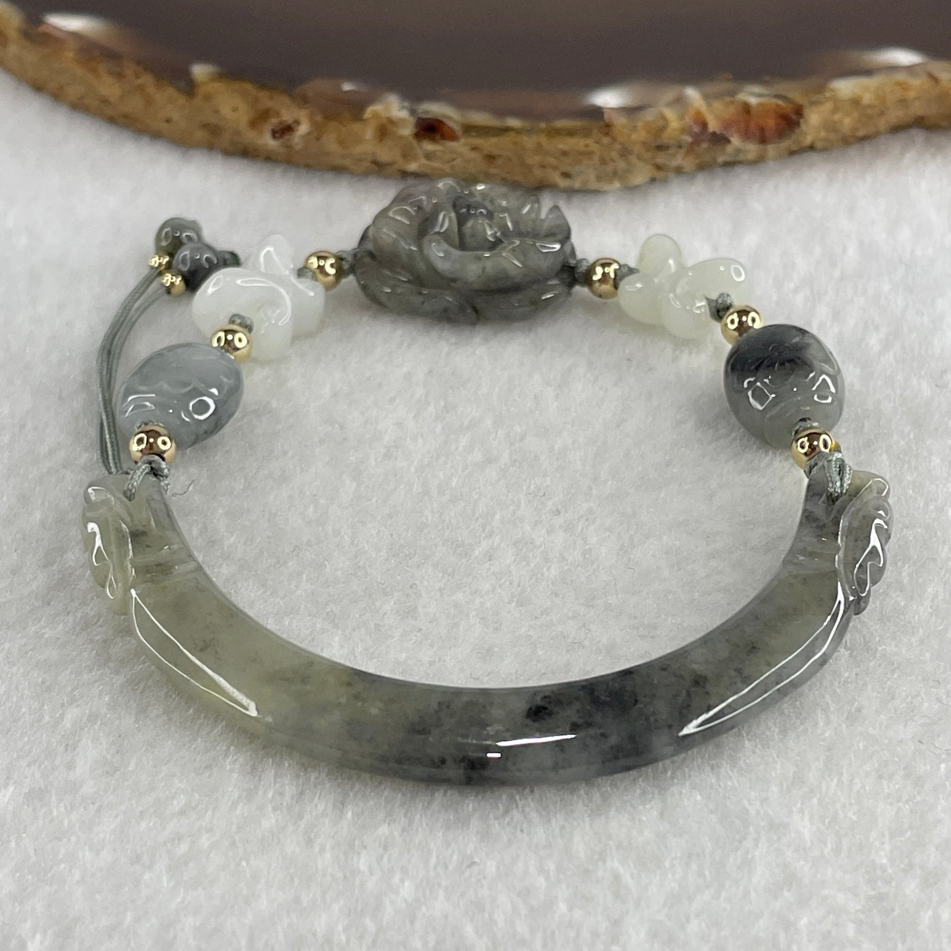 Natural Type A Jelly Wuji Grey Jadeite Double Dragon Head with Lotus Flowers and Butterfly Charm Bracelet 22.46g 4.2 by 8.7mm - Flower 21.1 by 17.2 by 9.7mm - Huangs Jadeite and Jewelry Pte Ltd
